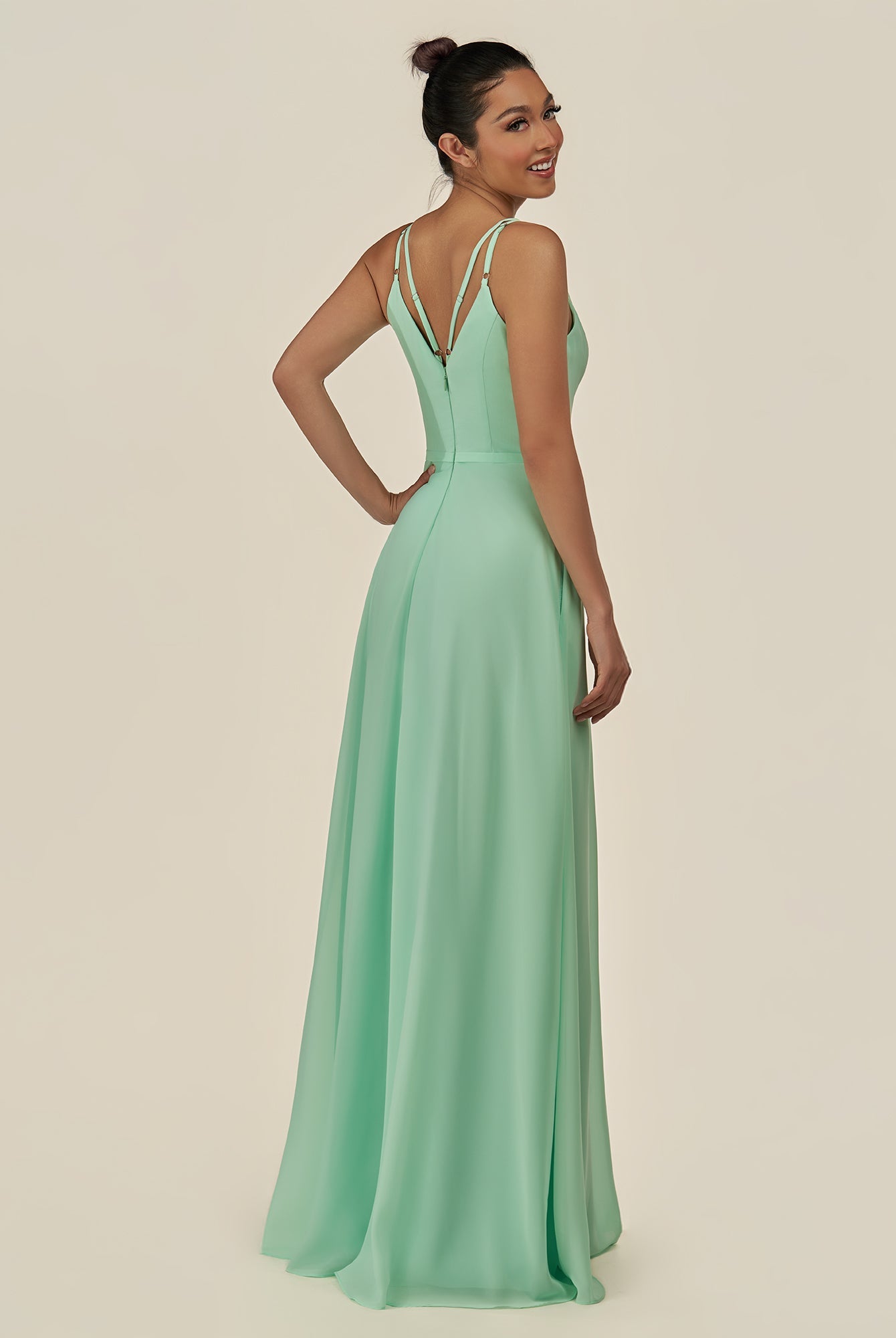 KissDress-Lurne Pale Pistachio A Line Chiffon V Neck Long Bridesmaid Dress with Cinched Waistline