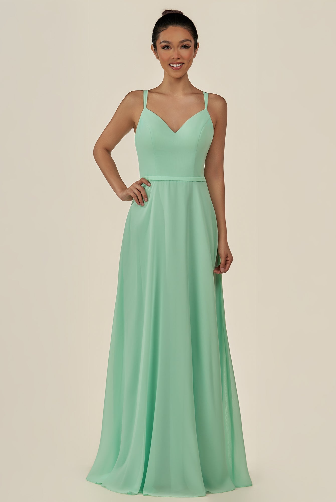 KissDress-Lurne Pale Pistachio A Line Chiffon V Neck Long Bridesmaid Dress with Cinched Waistline