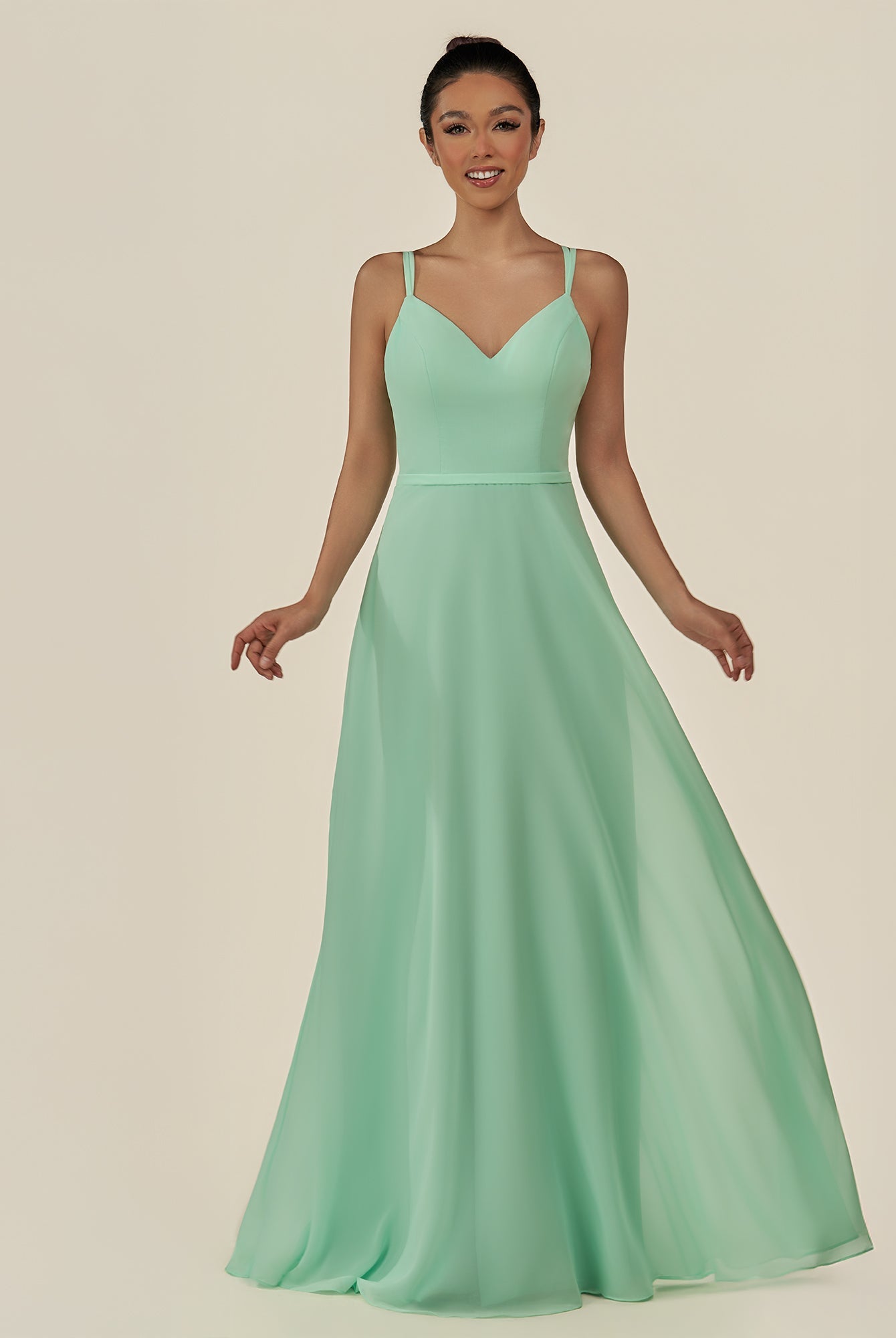 KissDress-Lurne Pale Pistachio A Line Chiffon V Neck Long Bridesmaid Dress with Cinched Waistline