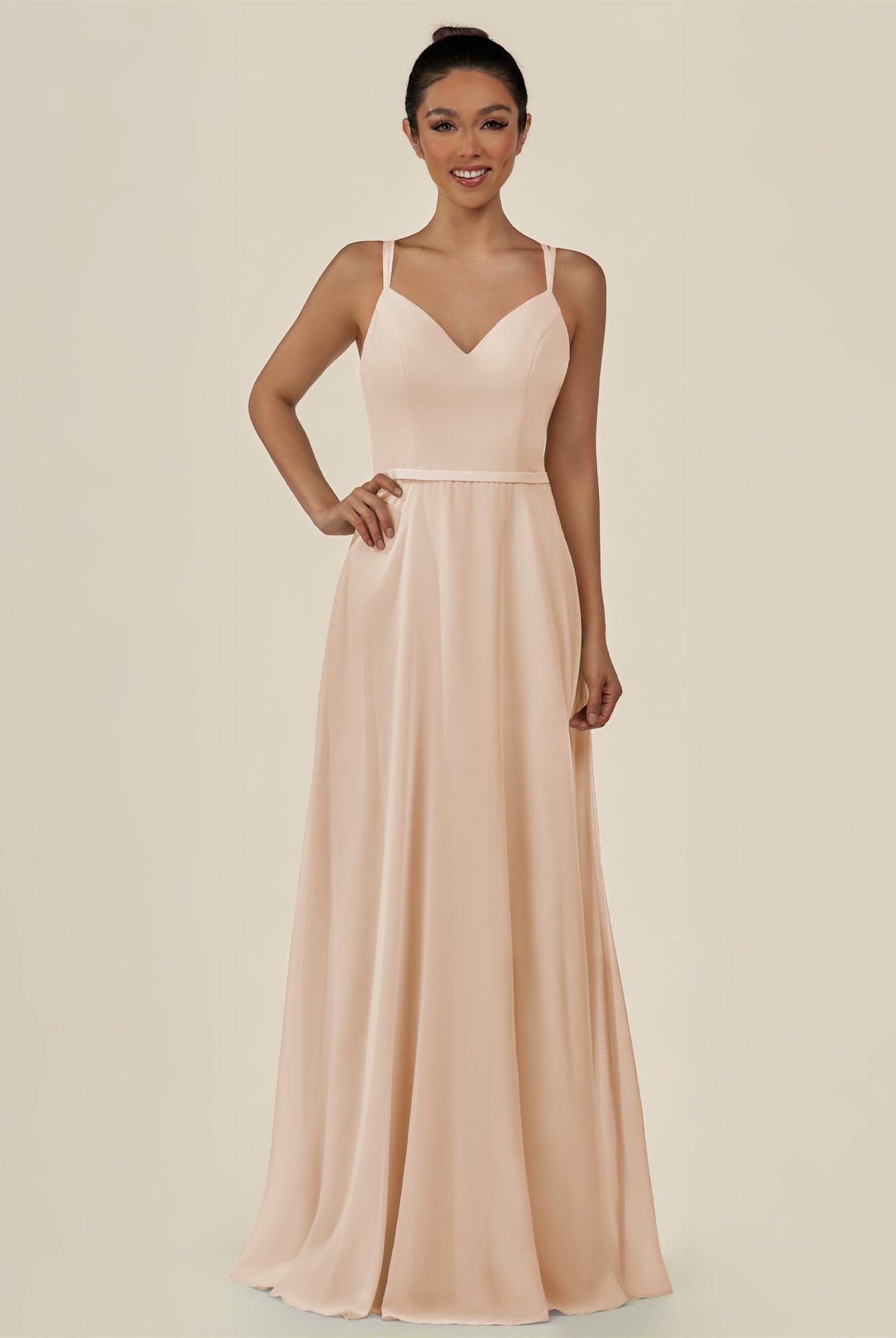 KissDress-Lurne Pale Blush A Line Chiffon V Neck Long Bridesmaid Dress with Cinched Waistline