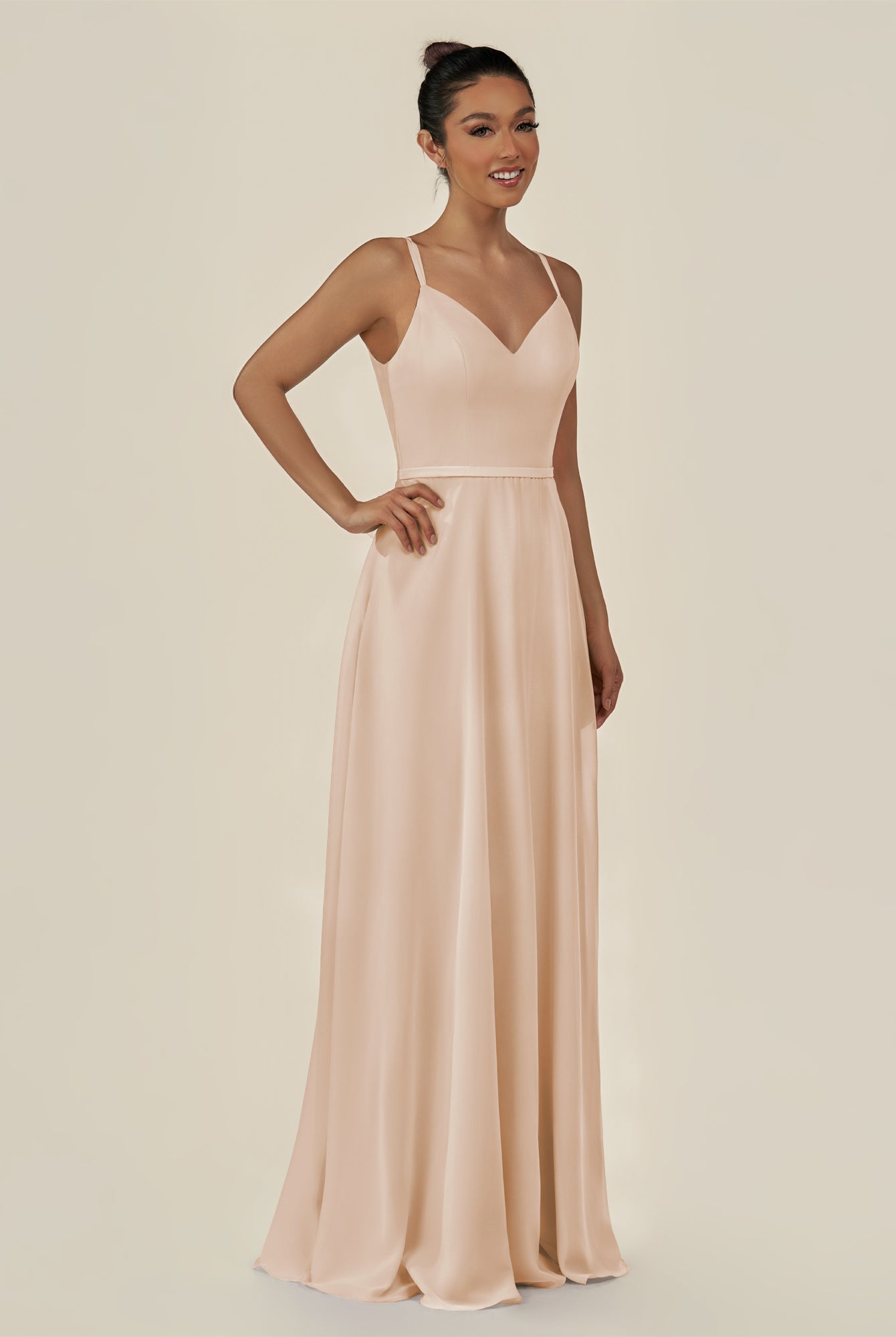KissDress-Lurne Pale Blush A Line Chiffon V Neck Long Bridesmaid Dress with Cinched Waistline