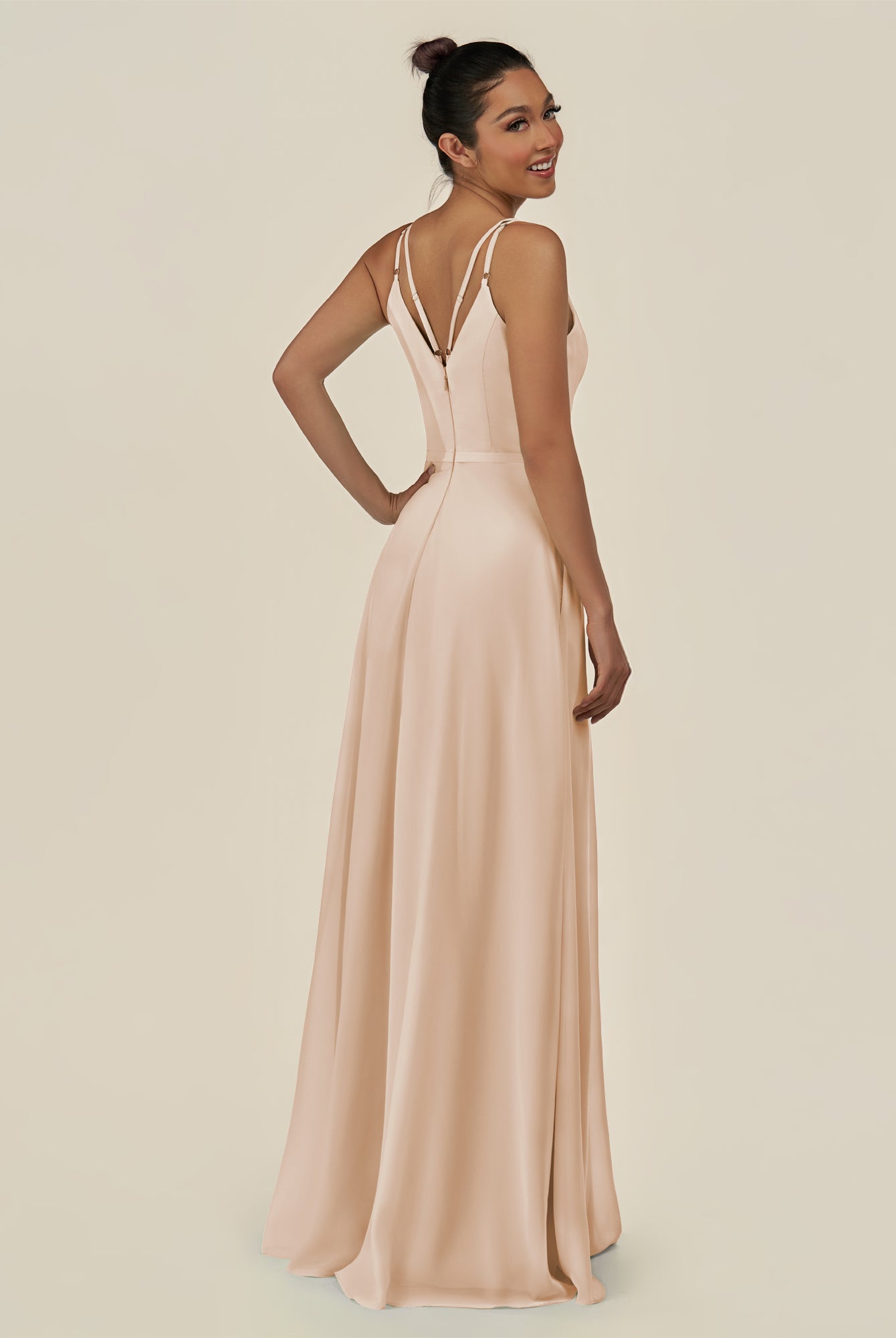 KissDress-Lurne Pale Blush A Line Chiffon V Neck Long Bridesmaid Dress with Cinched Waistline