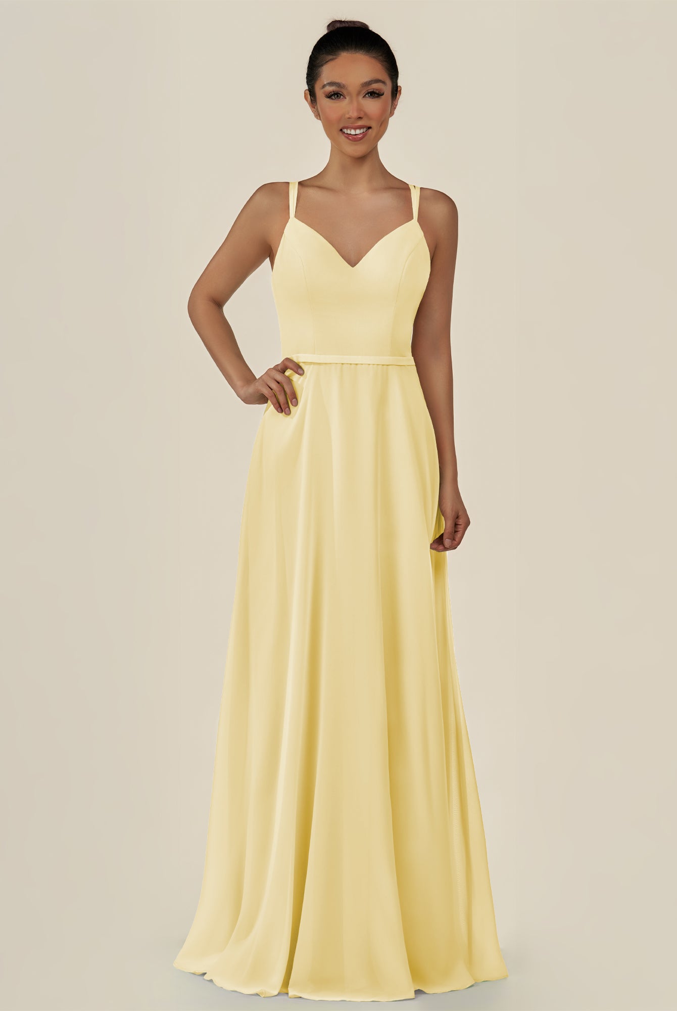 KissDress-Lurne Pastel Yellow A Line Chiffon V Neck Long Bridesmaid Dress with Cinched Waistline