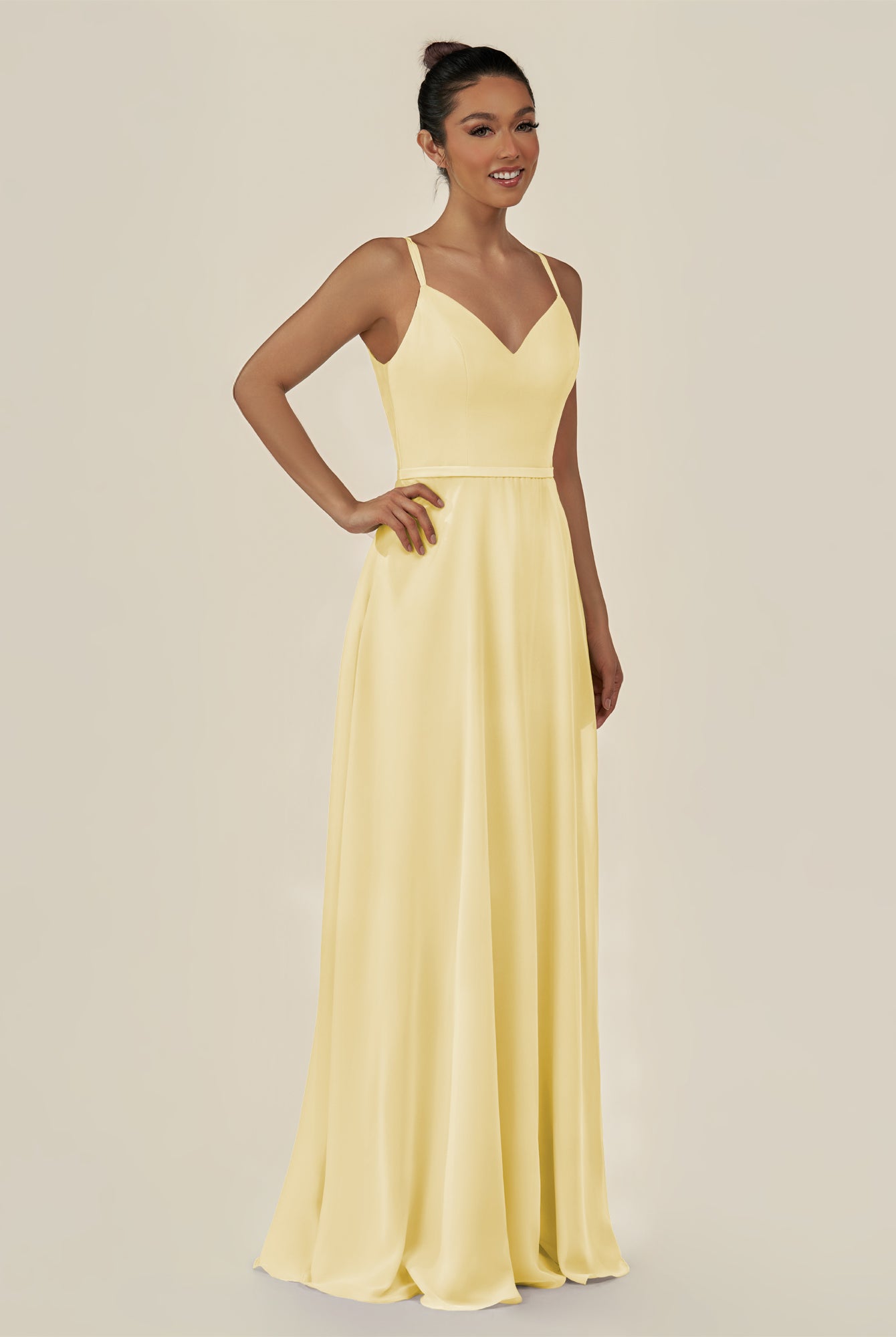 KissDress-Lurne Pastel Yellow A Line Chiffon V Neck Long Bridesmaid Dress with Cinched Waistline