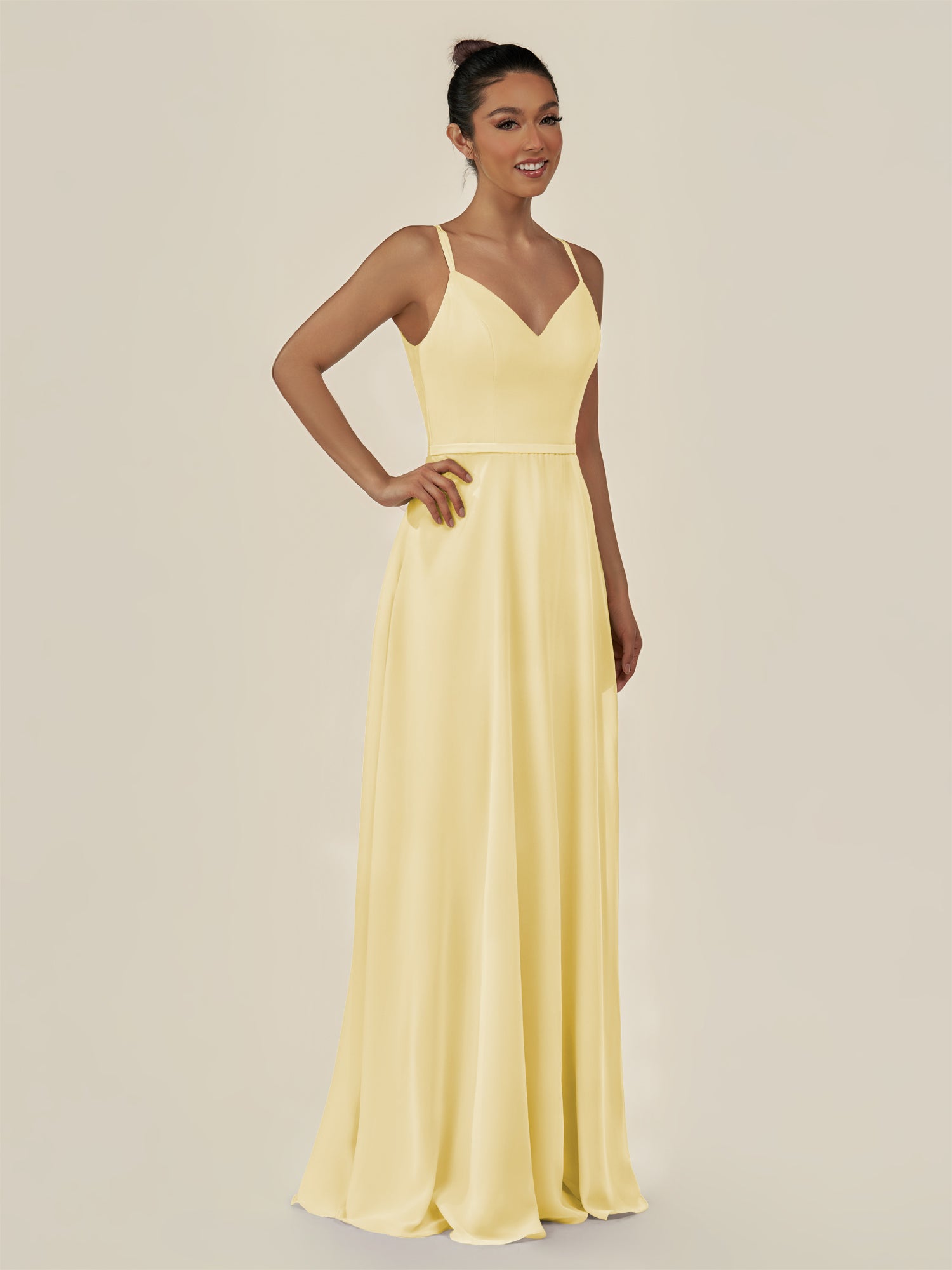KissDress-Lurne Pastel Yellow A Line Chiffon V Neck Long Bridesmaid Dress with Cinched Waistline