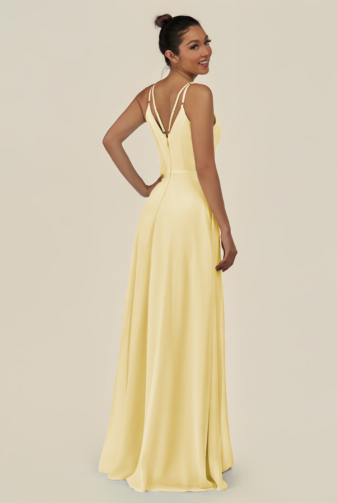 KissDress-Lurne Pastel Yellow A Line Chiffon V Neck Long Bridesmaid Dress with Cinched Waistline