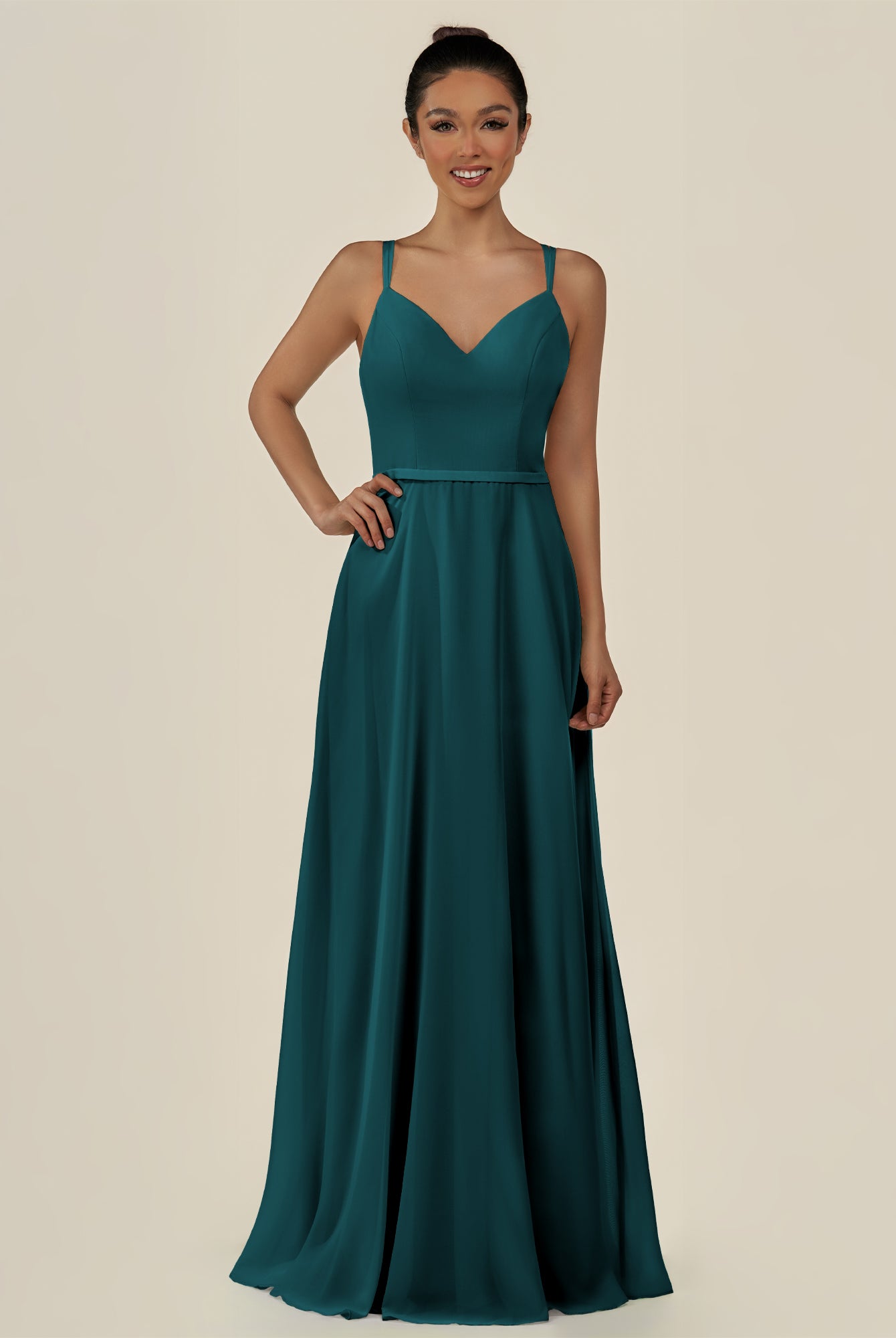 KissDress-Lurne Pine A Line Chiffon V Neck Long Bridesmaid Dress with Cinched Waistline