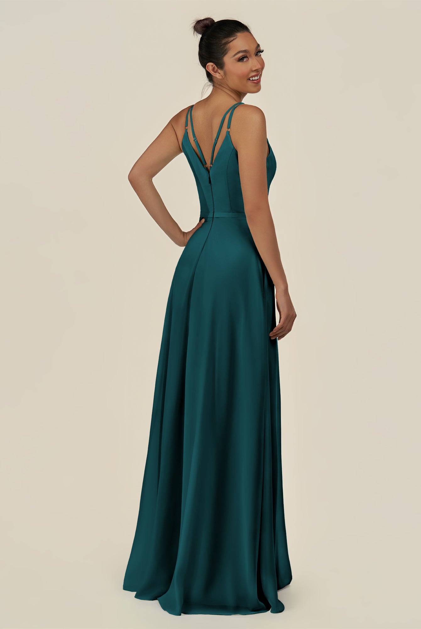 KissDress-Lurne Pine A Line Chiffon V Neck Long Bridesmaid Dress with Cinched Waistline