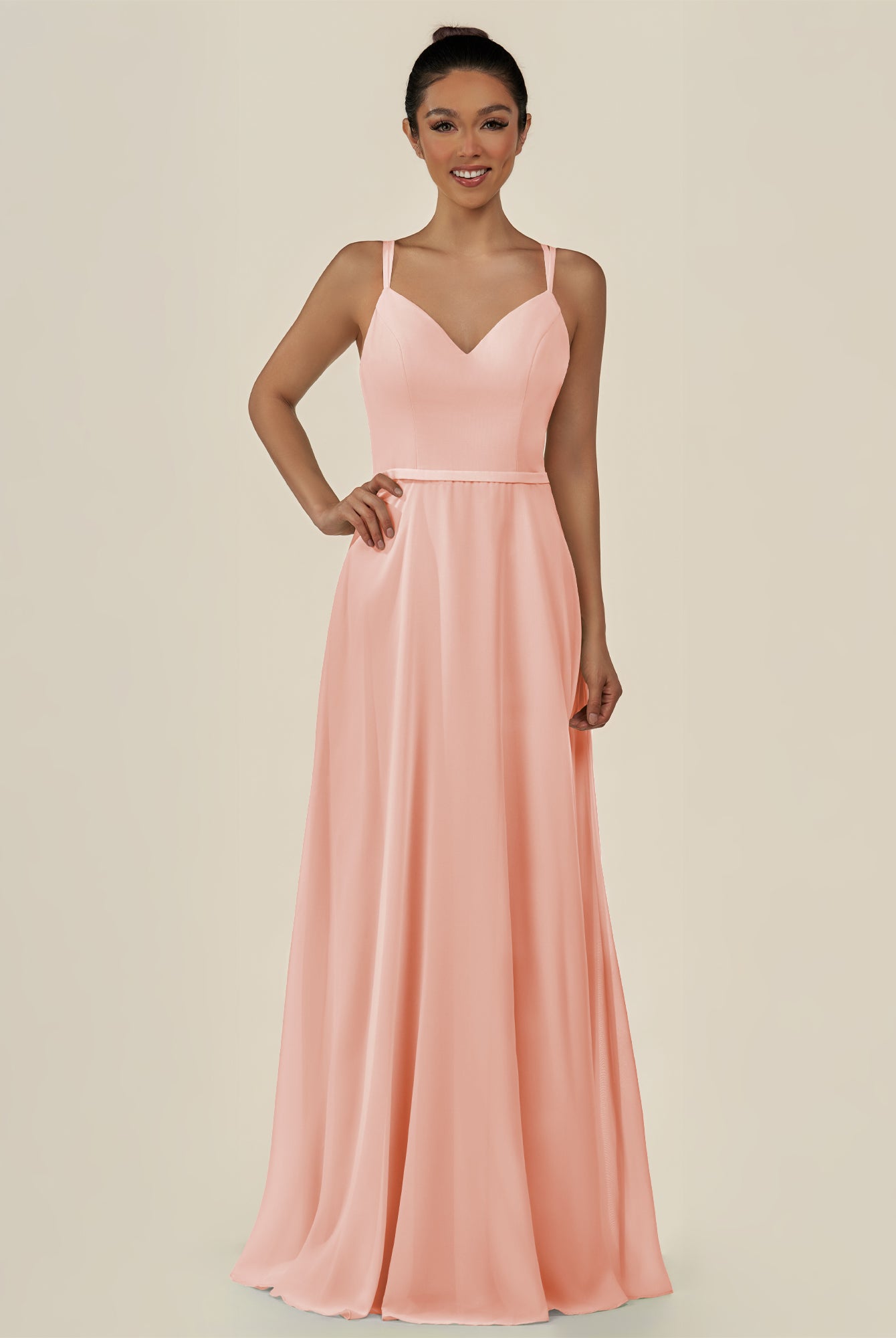 KissDress-Lurne Rose Petal A Line Chiffon V Neck Long Bridesmaid Dress with Cinched Waistline