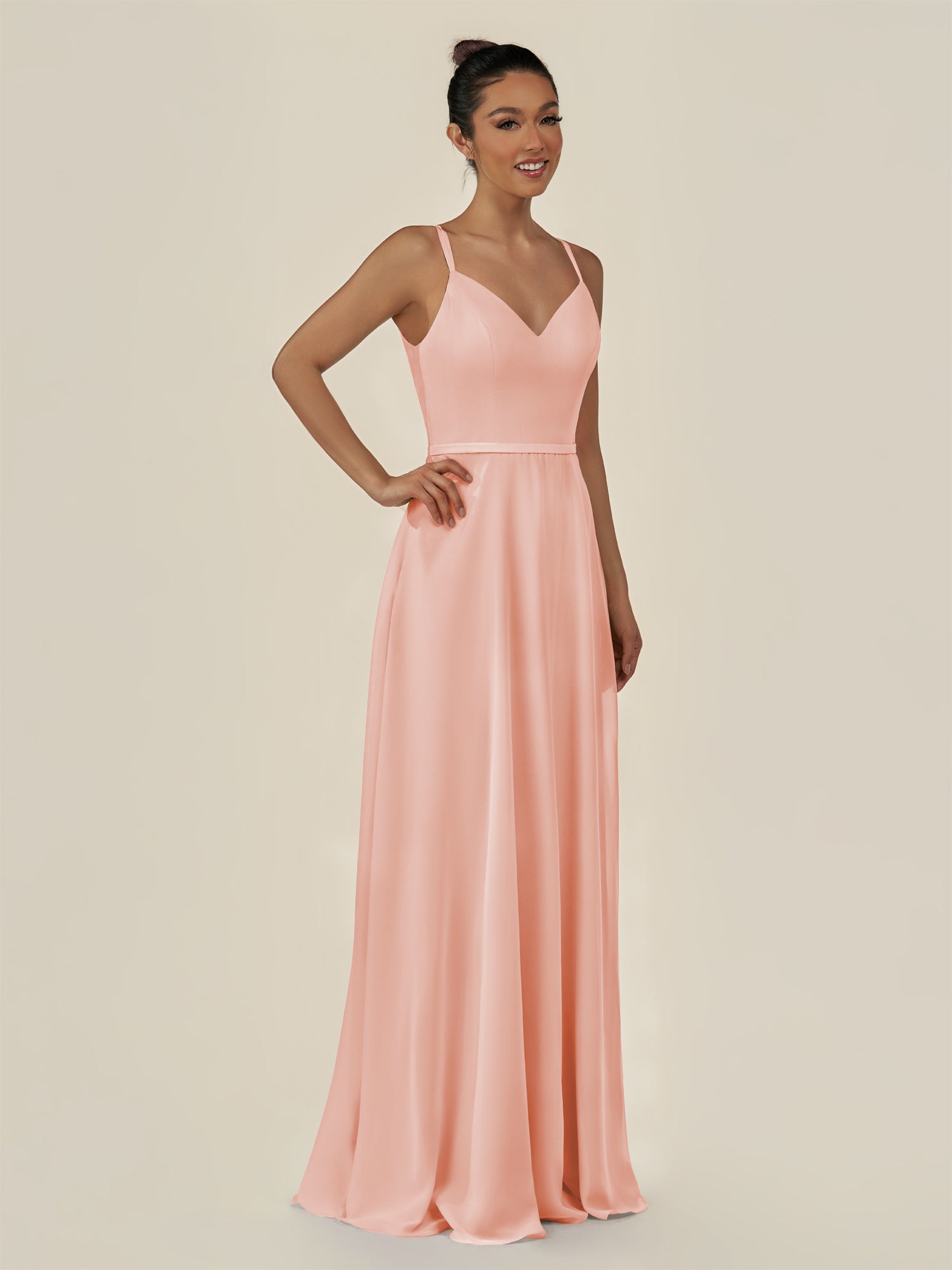 KissDress-Lurne Rose Petal A Line Chiffon V Neck Long Bridesmaid Dress with Cinched Waistline