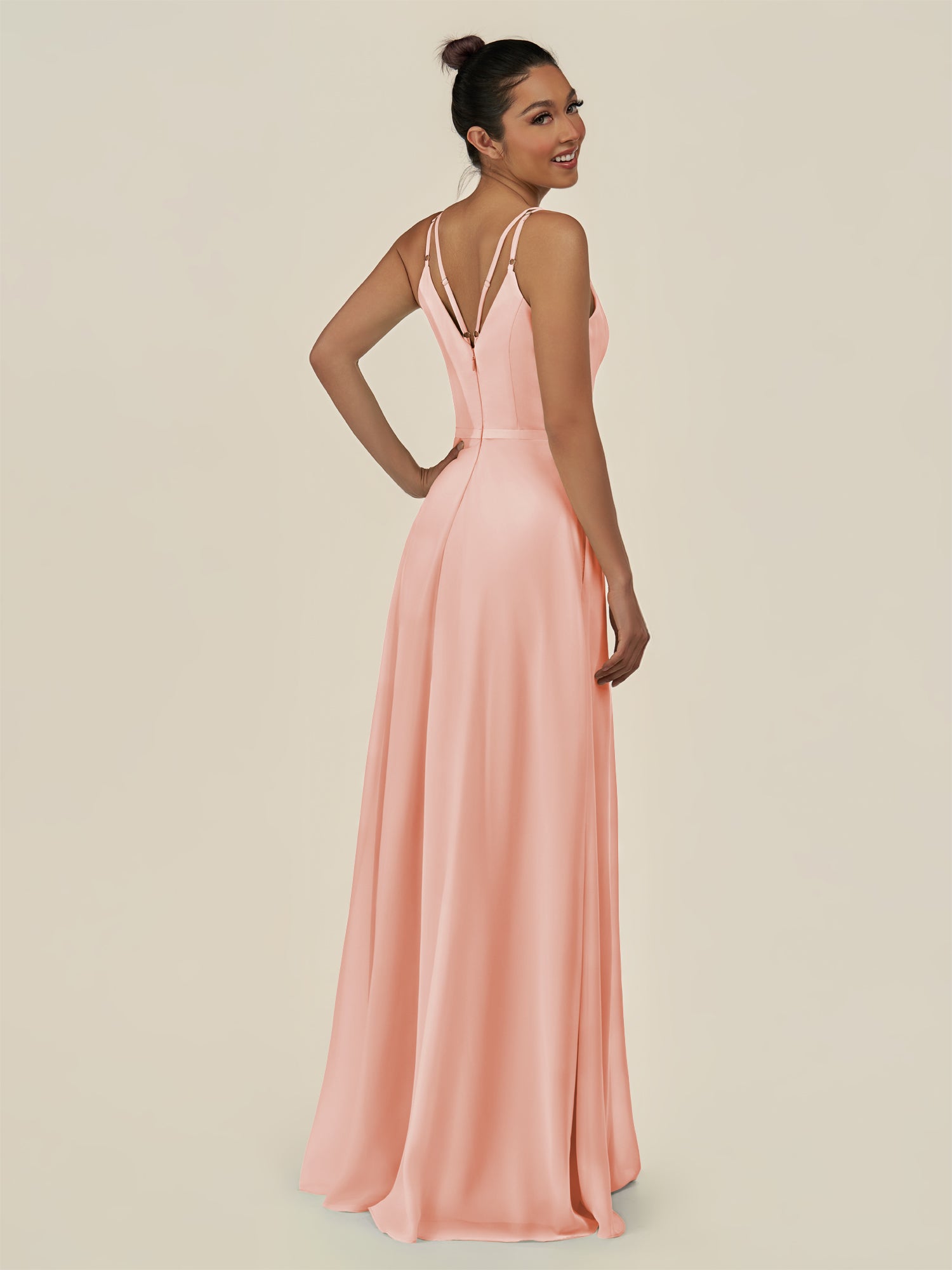 KissDress-Lurne Rose Petal A Line Chiffon V Neck Long Bridesmaid Dress with Cinched Waistline