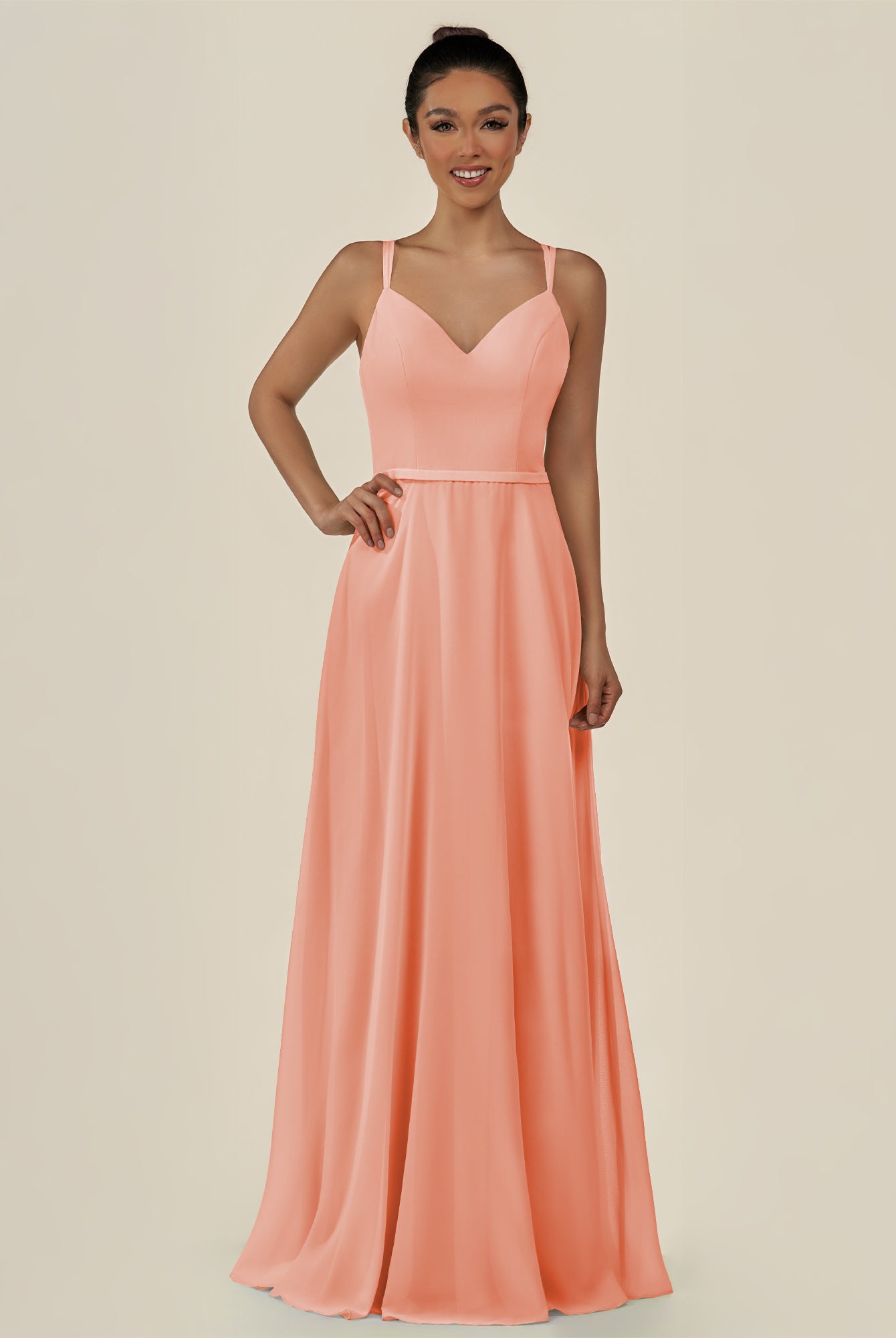 KissDress-Lurne Rosette A Line Chiffon V Neck Long Bridesmaid Dress with Cinched Waistline