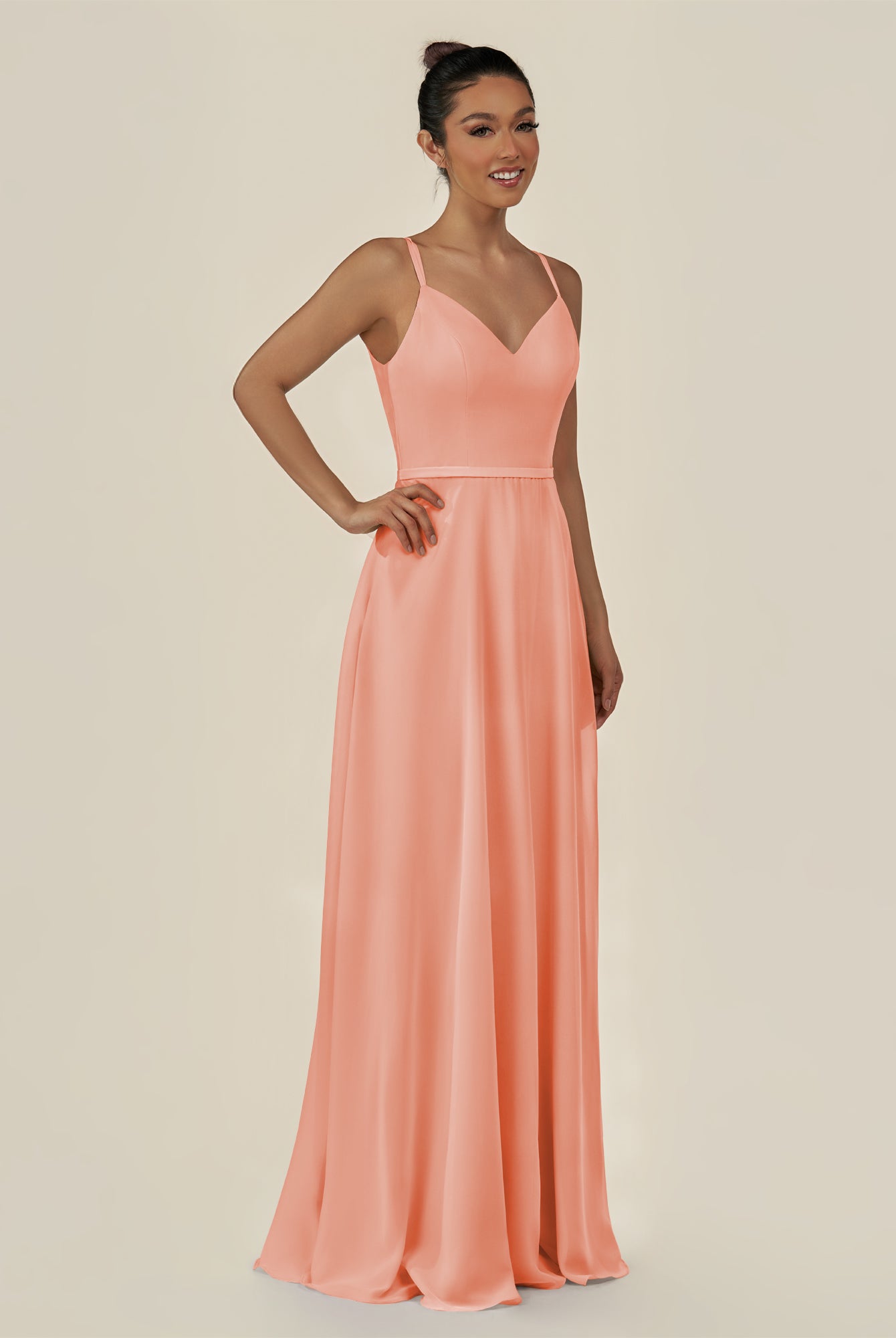 KissDress-Lurne Rosette A Line Chiffon V Neck Long Bridesmaid Dress with Cinched Waistline