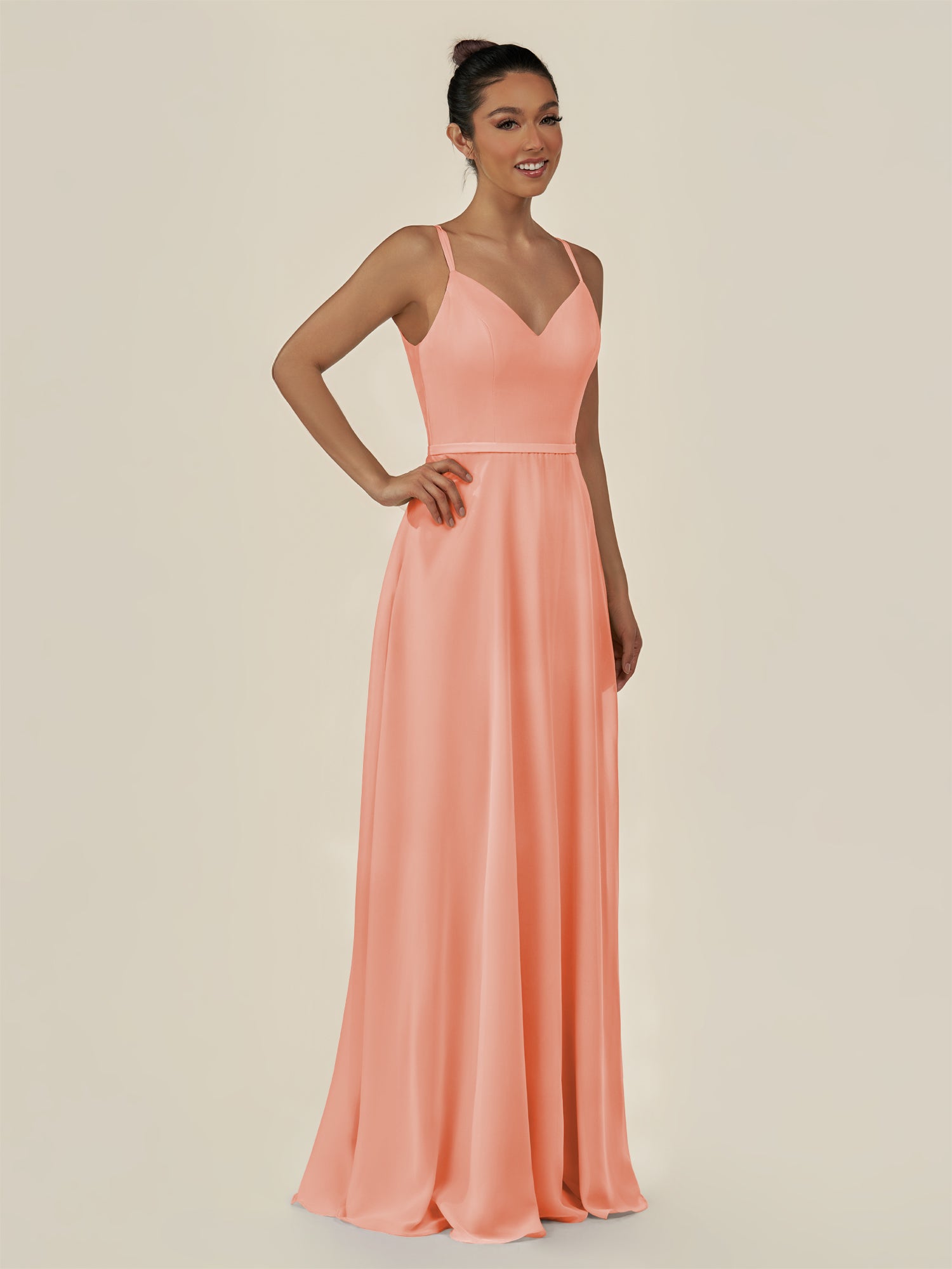 KissDress-Lurne Rosette A Line Chiffon V Neck Long Bridesmaid Dress with Cinched Waistline