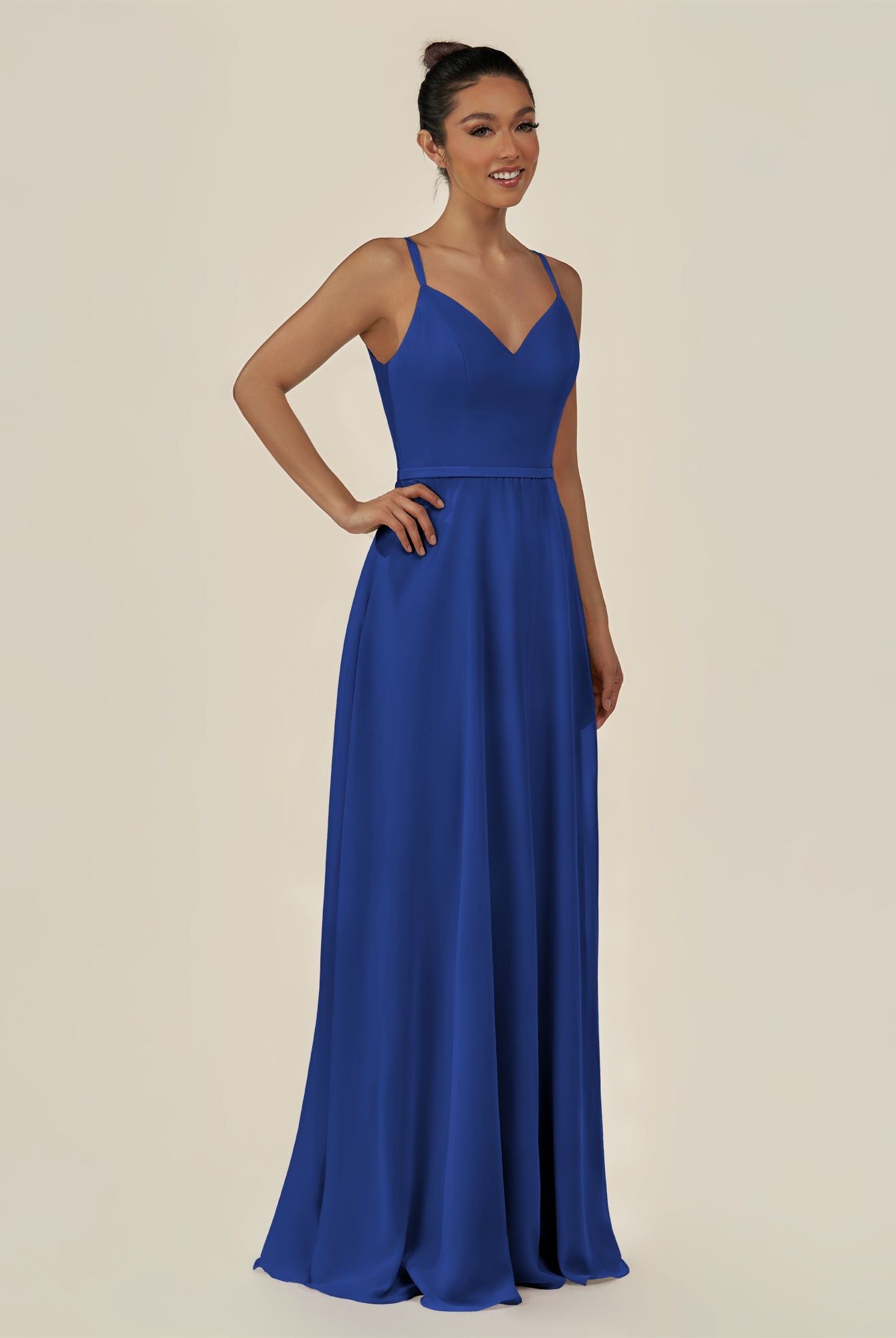 KissDress-Lurne Royal Blue A Line Chiffon V Neck Long Bridesmaid Dress with Cinched Waistline