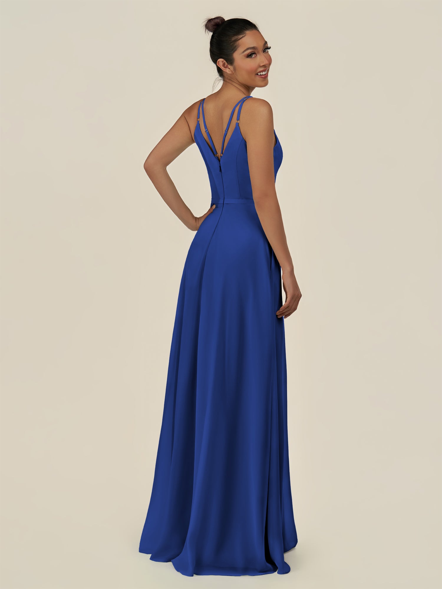 KissDress-Lurne Royal Blue A Line Chiffon V Neck Long Bridesmaid Dress with Cinched Waistline