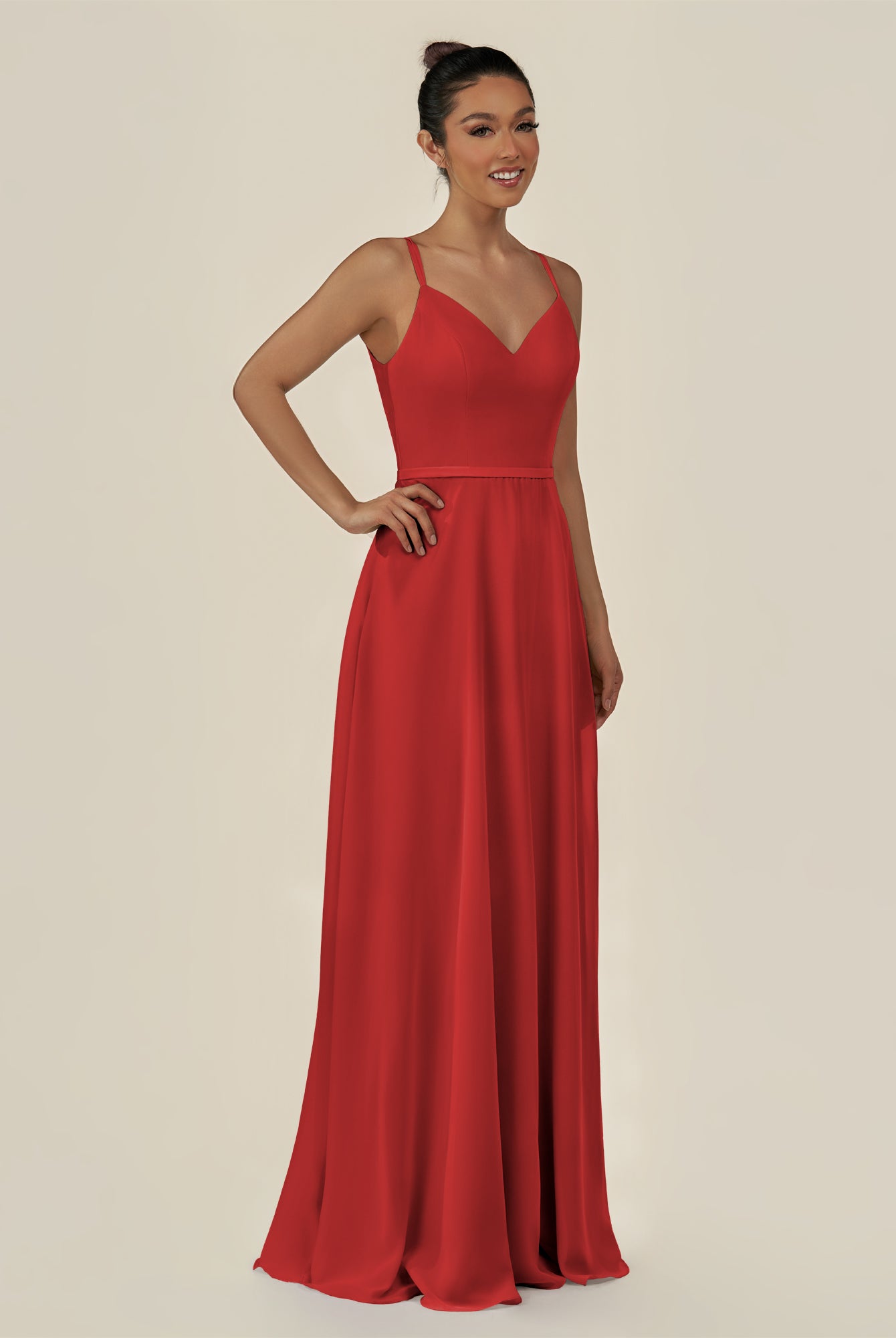 KissDress-Lurne Ruby Red A Line Chiffon V Neck Long Bridesmaid Dress with Cinched Waistline