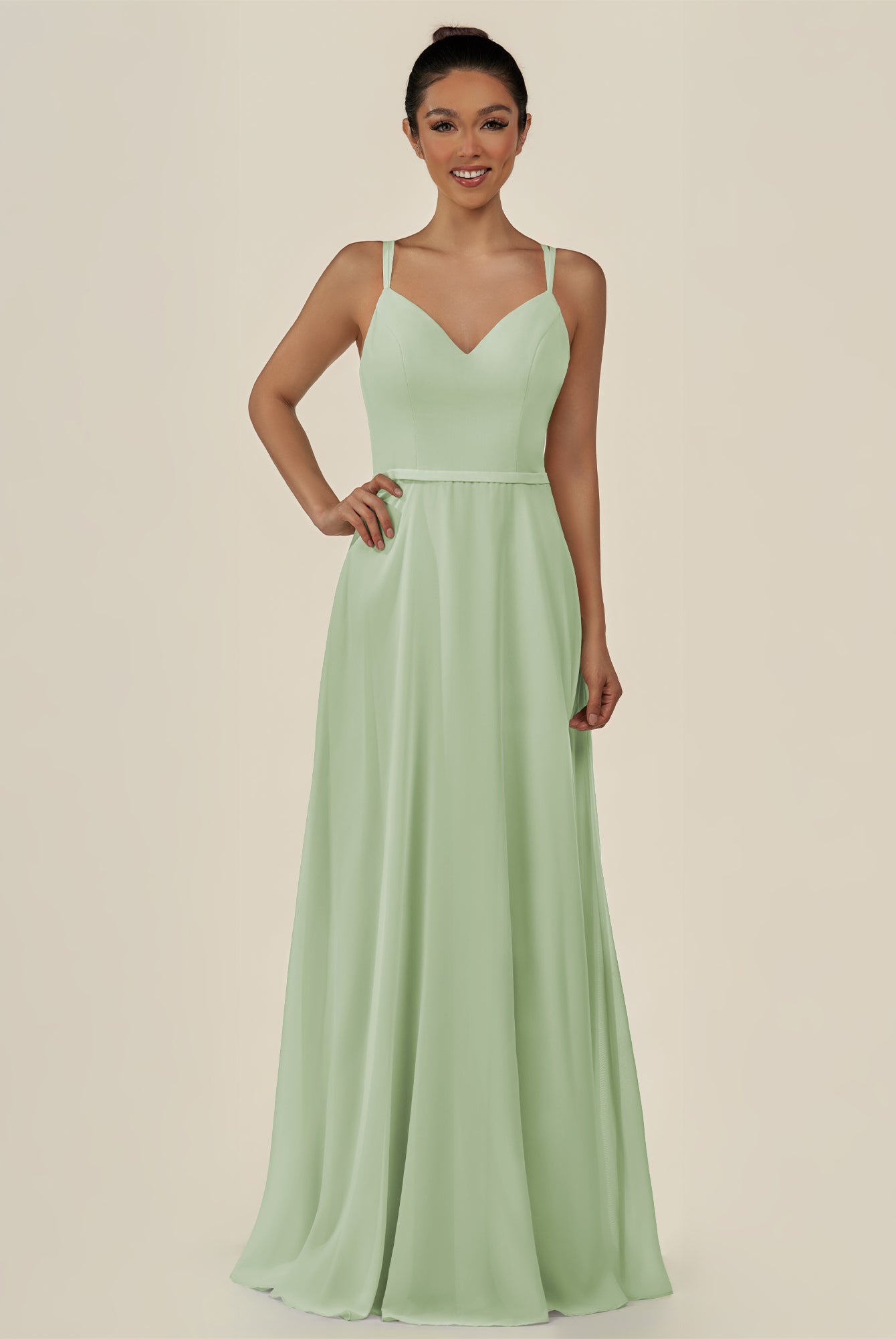 KissDress-Lurne Sage A Line Chiffon V Neck Long Bridesmaid Dress with Cinched Waistline
