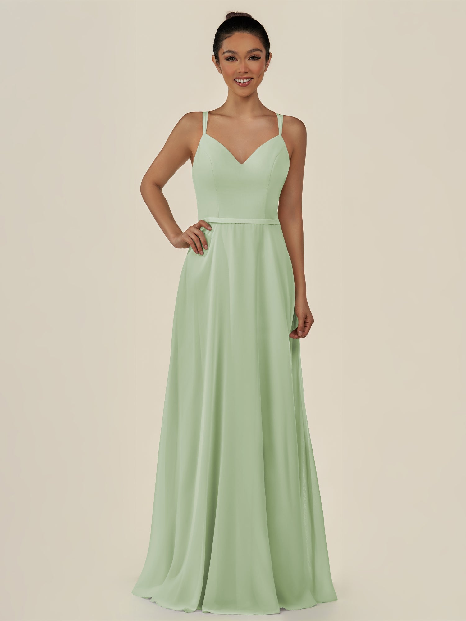 KissDress-Lurne Sage A Line Chiffon V Neck Long Bridesmaid Dress with Cinched Waistline