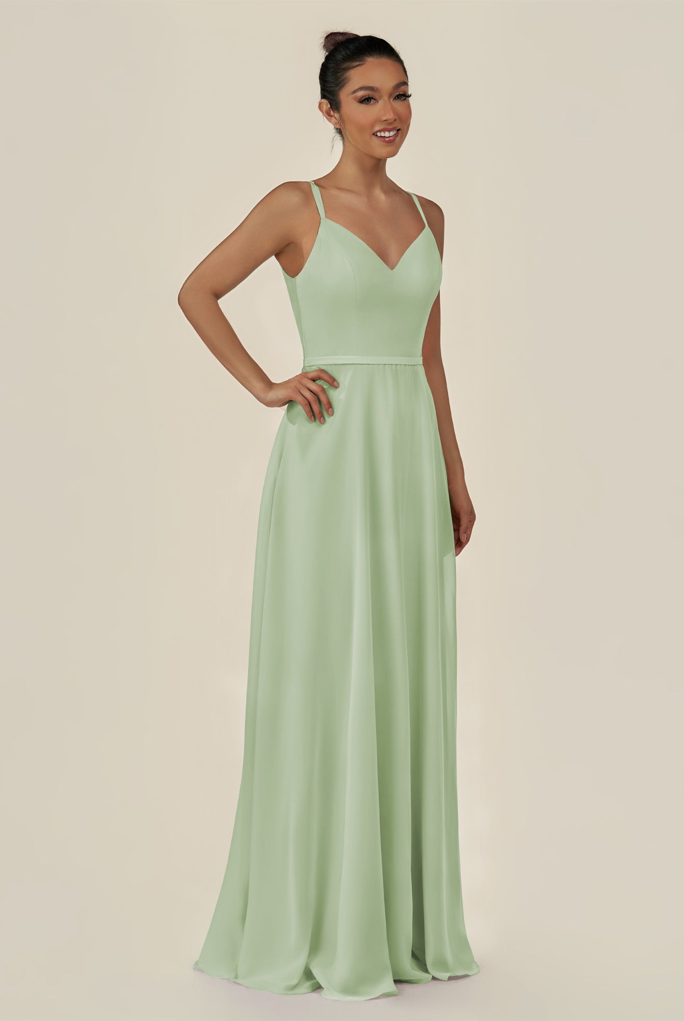 KissDress-Lurne Sage A Line Chiffon V Neck Long Bridesmaid Dress with Cinched Waistline