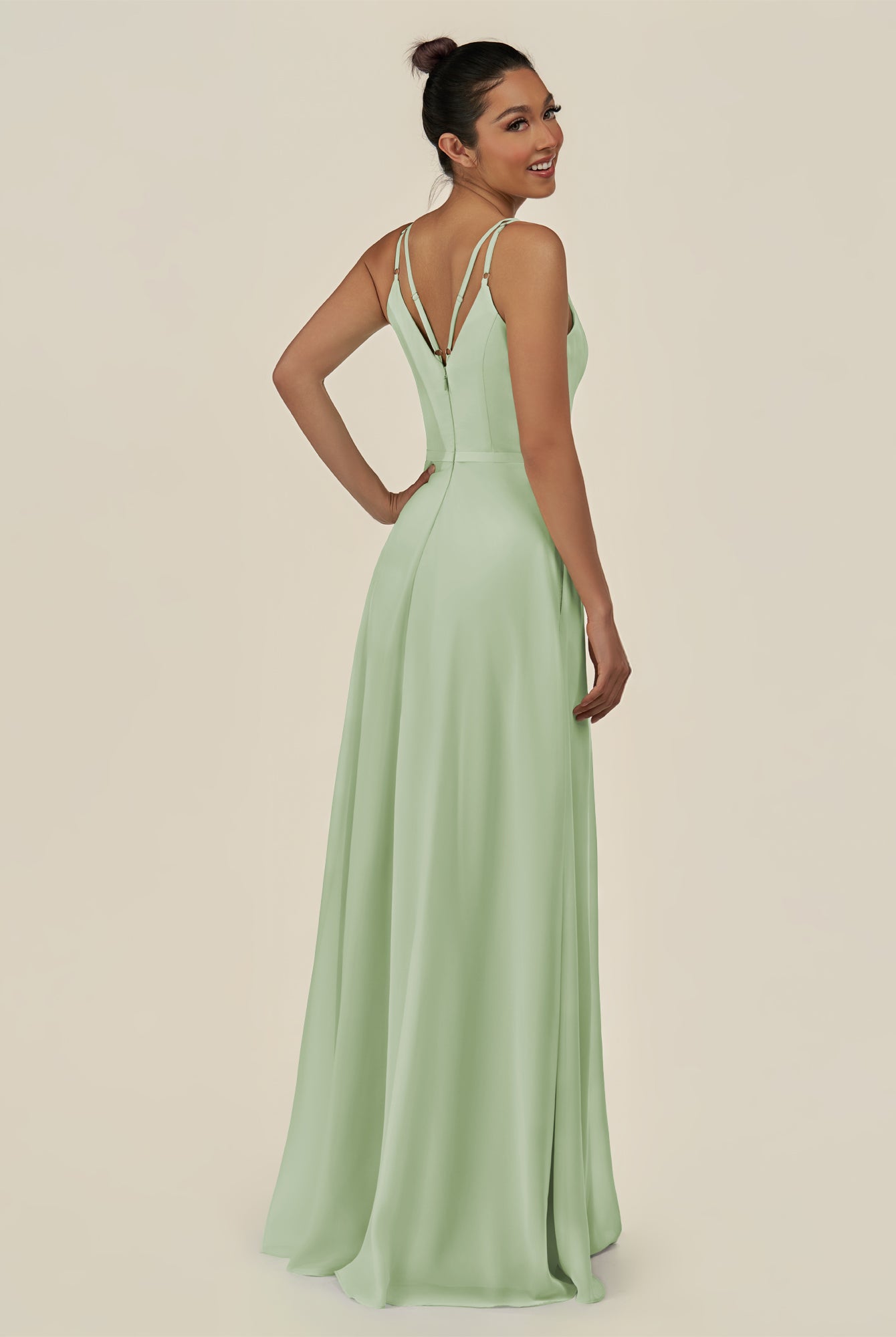 KissDress-Lurne Sage A Line Chiffon V Neck Long Bridesmaid Dress with Cinched Waistline