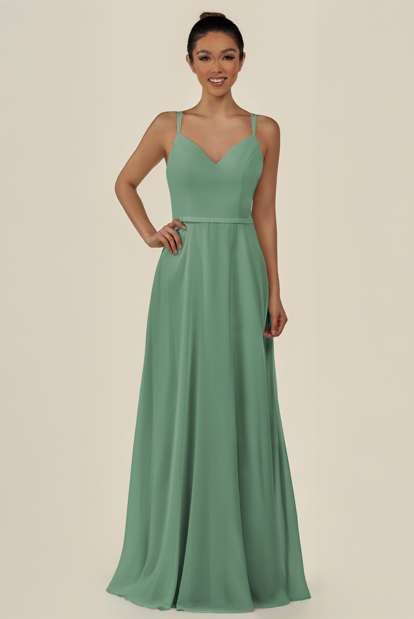 KissDress-Lurne Sea Glass A Line Chiffon V Neck Long Bridesmaid Dress with Cinched Waistline