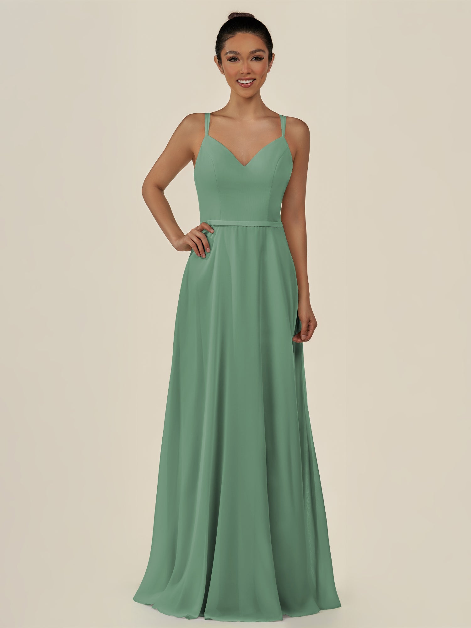 KissDress-Lurne Sea Glass A Line Chiffon V Neck Long Bridesmaid Dress with Cinched Waistline