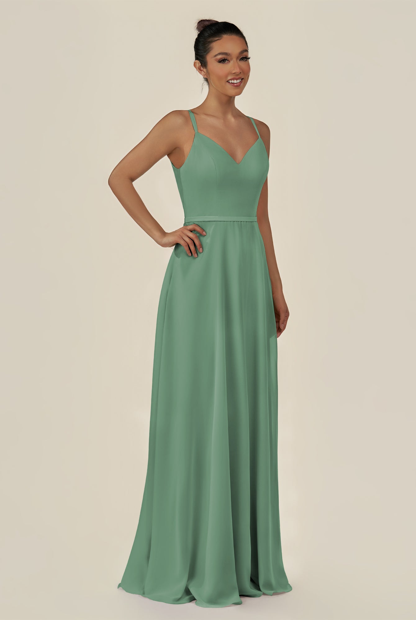 KissDress-Lurne Sea Glass A Line Chiffon V Neck Long Bridesmaid Dress with Cinched Waistline