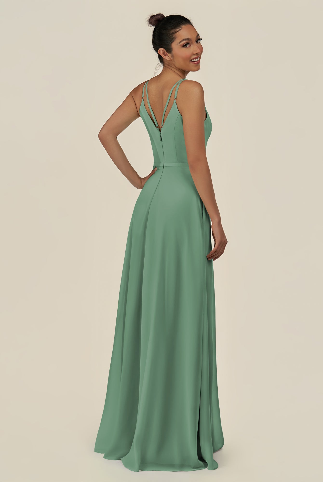 KissDress-Lurne Sea Glass A Line Chiffon V Neck Long Bridesmaid Dress with Cinched Waistline