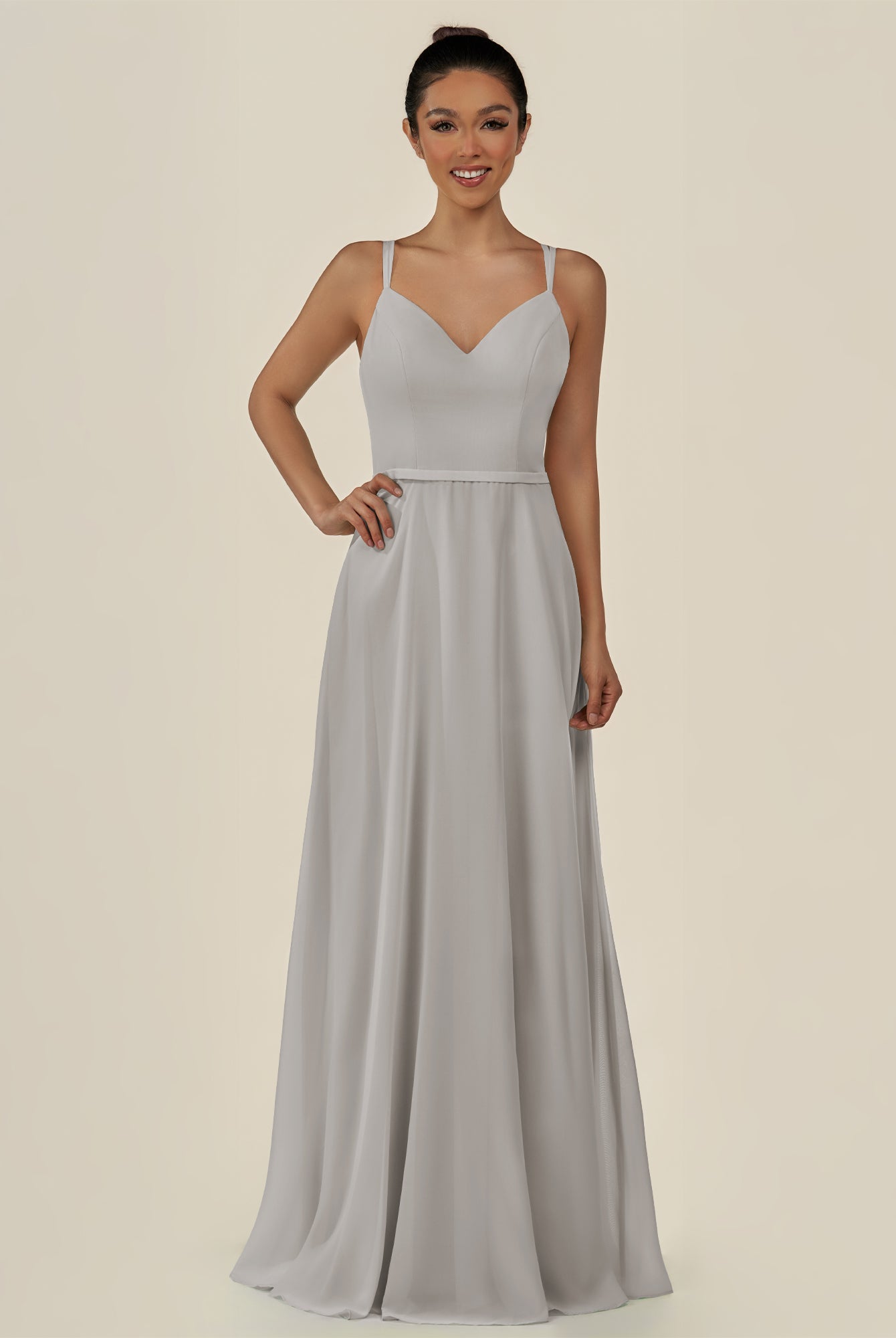 KissDress-Lurne Silver A Line Chiffon V Neck Long Bridesmaid Dress with Cinched Waistline