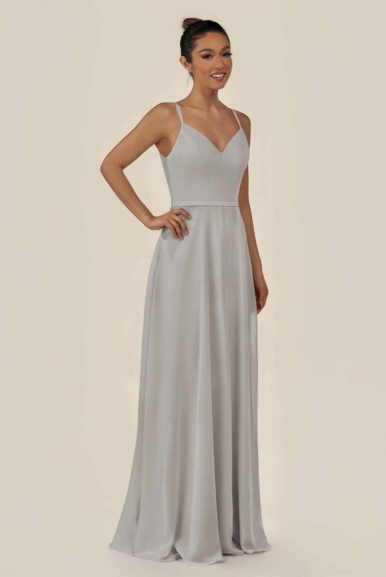 KissDress-Lurne Silver A Line Chiffon V Neck Long Bridesmaid Dress with Cinched Waistline