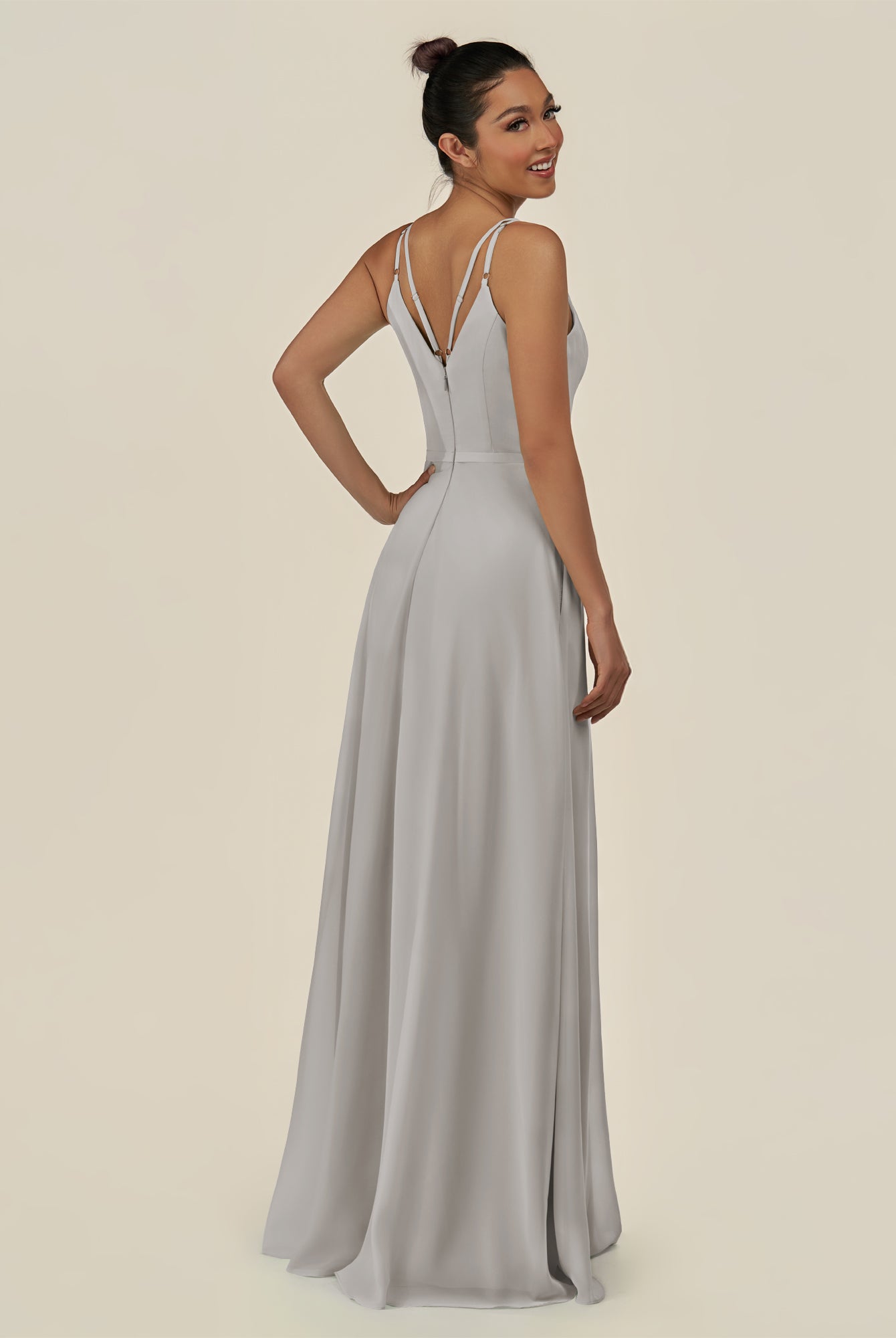 KissDress-Lurne Silver A Line Chiffon V Neck Long Bridesmaid Dress with Cinched Waistline