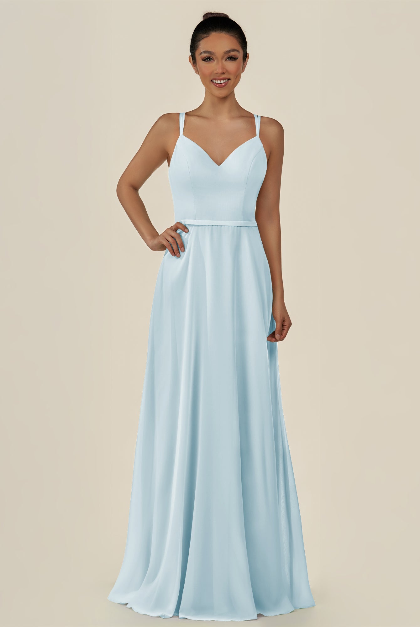 KissDress-Lurne Sky Blue A Line Chiffon V Neck Long Bridesmaid Dress with Cinched Waistline