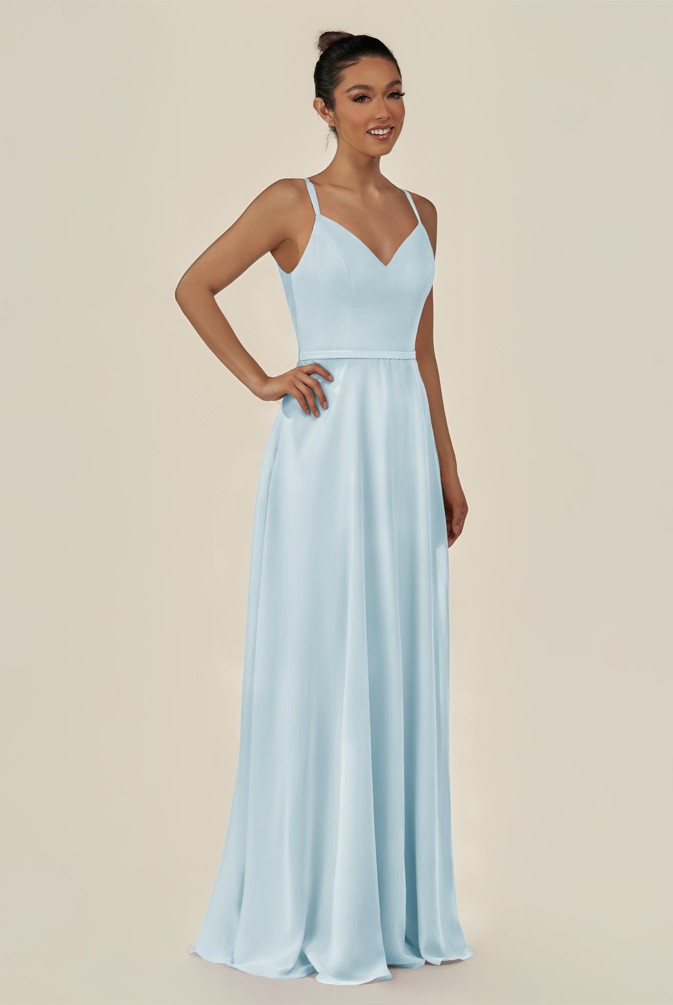KissDress-Lurne Sky Blue A Line Chiffon V Neck Long Bridesmaid Dress with Cinched Waistline