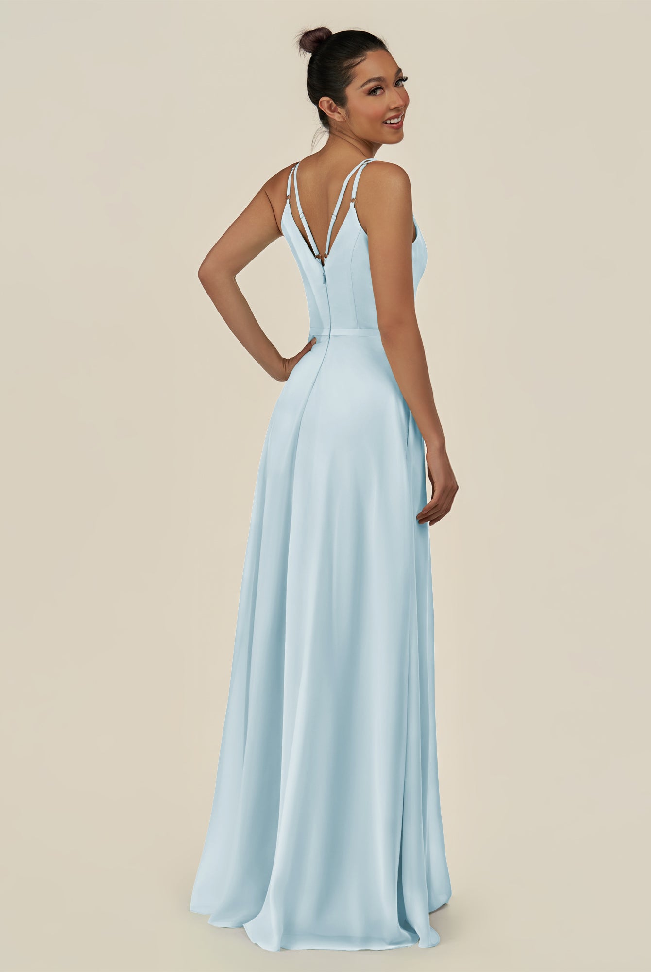 KissDress-Lurne Sky Blue A Line Chiffon V Neck Long Bridesmaid Dress with Cinched Waistline