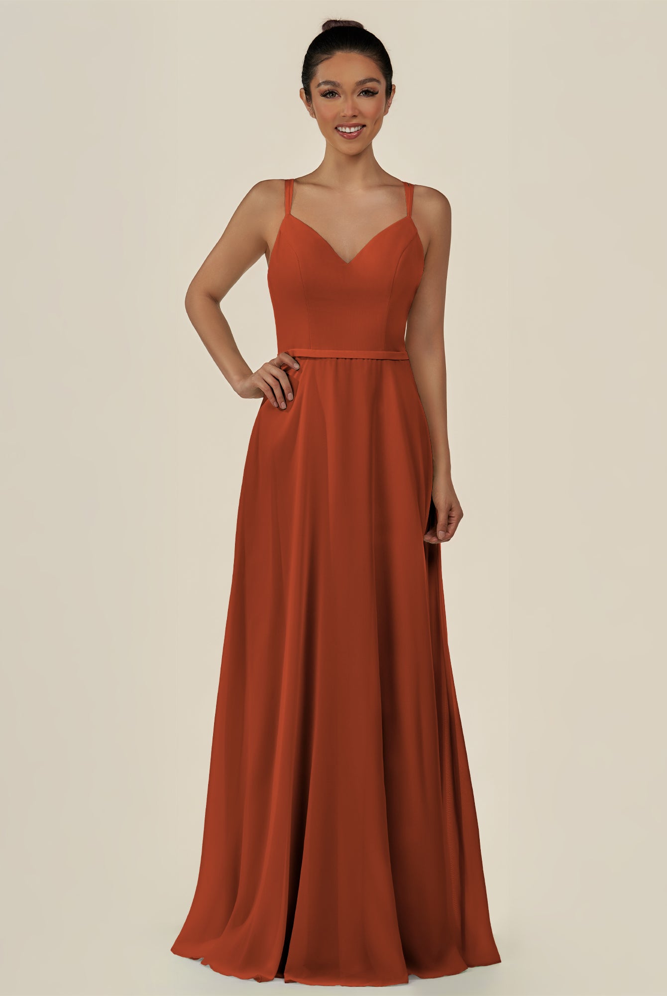 KissDress-Lurne Spice A Line Chiffon V Neck Long Bridesmaid Dress with Cinched Waistline
