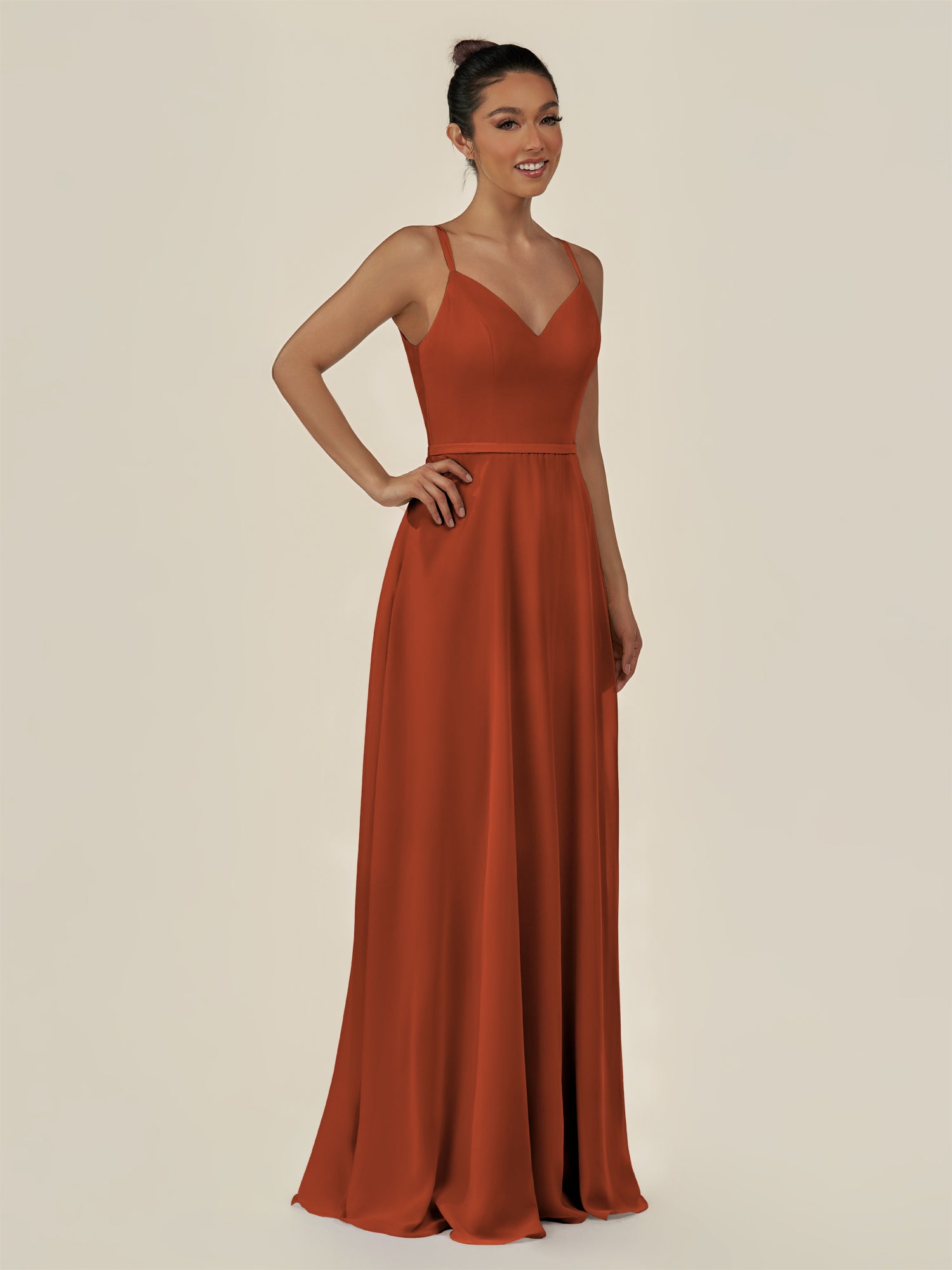 KissDress-Lurne Spice A Line Chiffon V Neck Long Bridesmaid Dress with Cinched Waistline