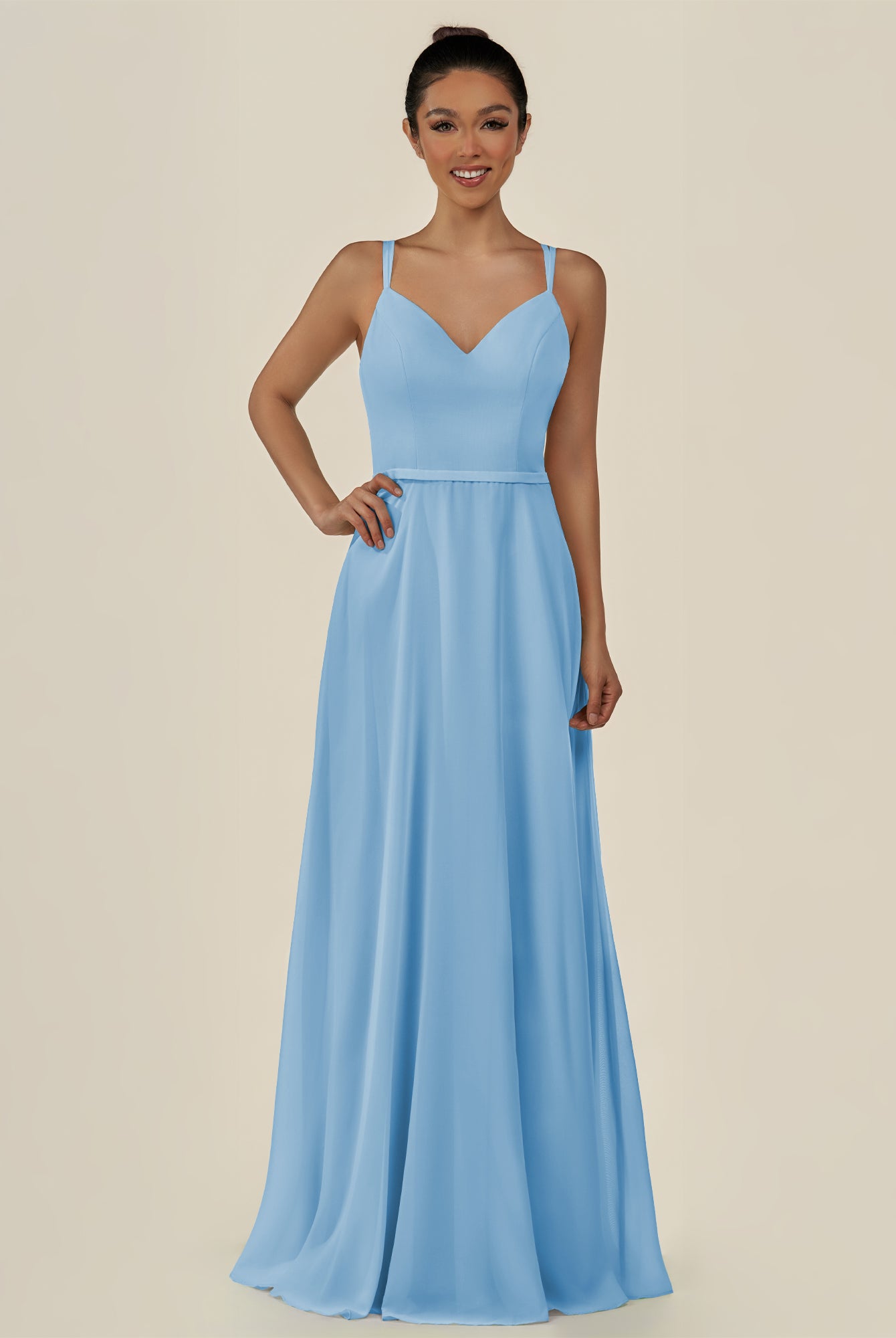 KissDress-Lurne Steel Blue A Line Chiffon V Neck Long Bridesmaid Dress with Cinched Waistline