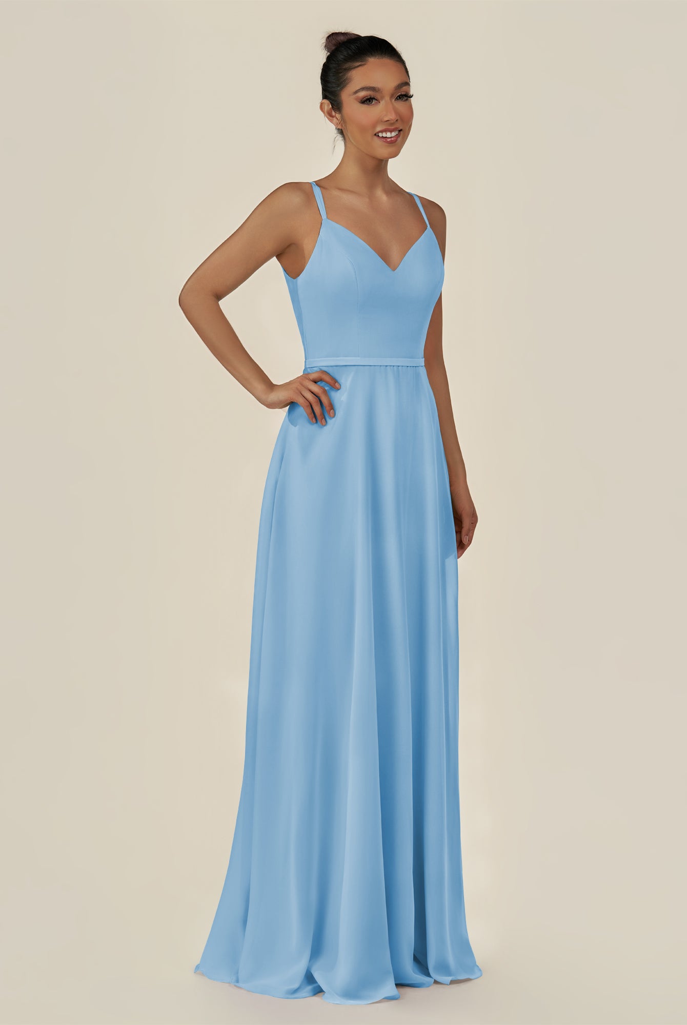 KissDress-Lurne Steel Blue A Line Chiffon V Neck Long Bridesmaid Dress with Cinched Waistline