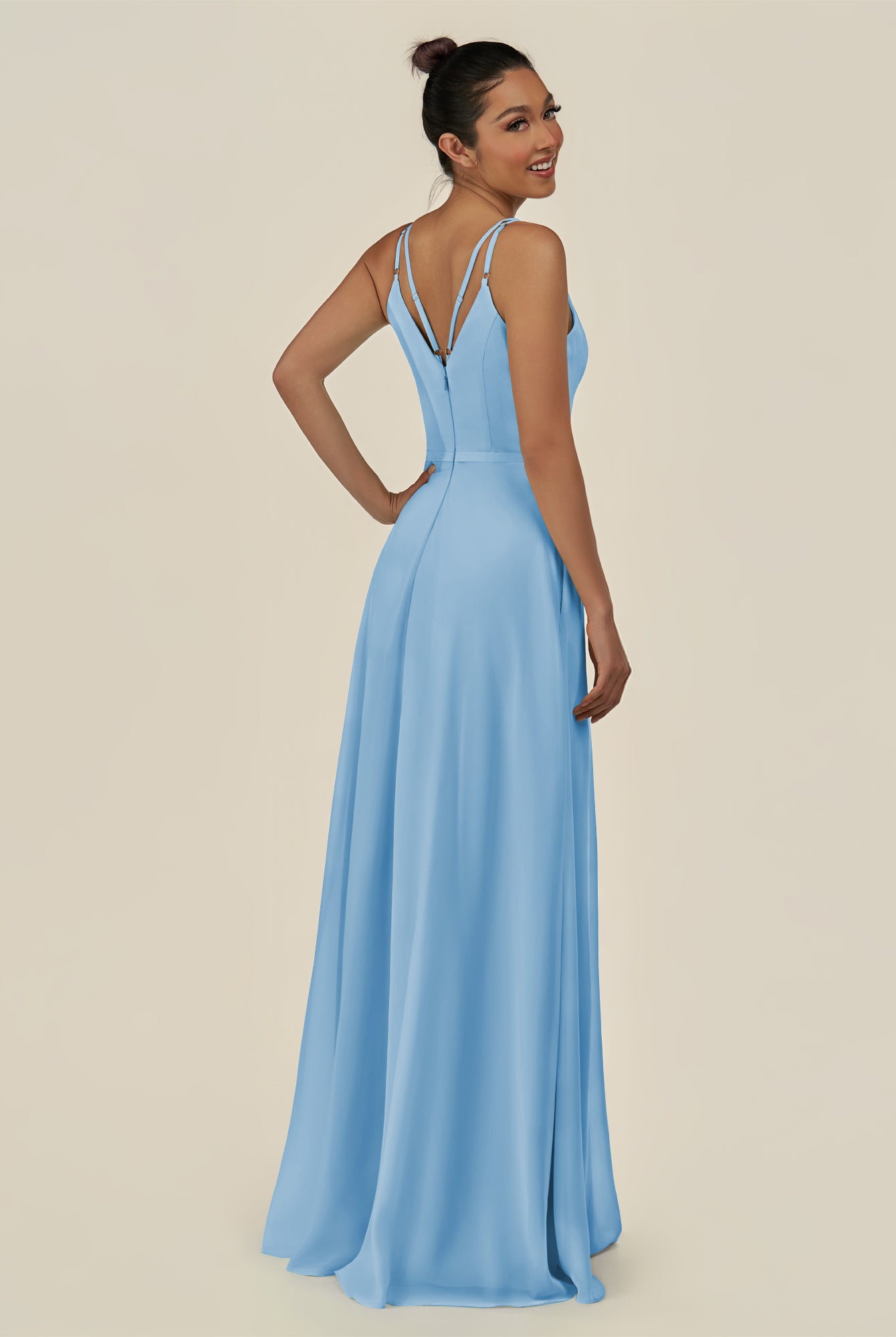 KissDress-Lurne Steel Blue A Line Chiffon V Neck Long Bridesmaid Dress with Cinched Waistline