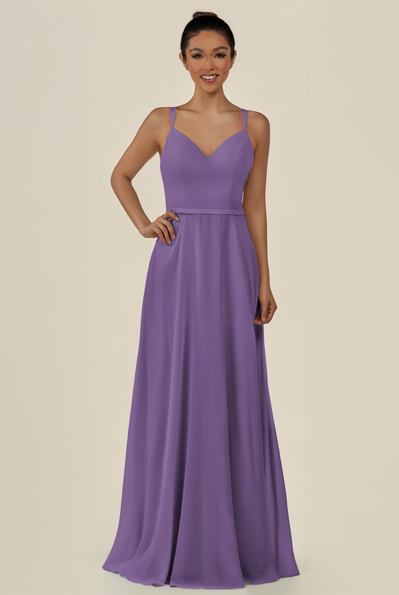 KissDress-Lurne Tahiti A Line Chiffon V Neck Long Bridesmaid Dress with Cinched Waistline