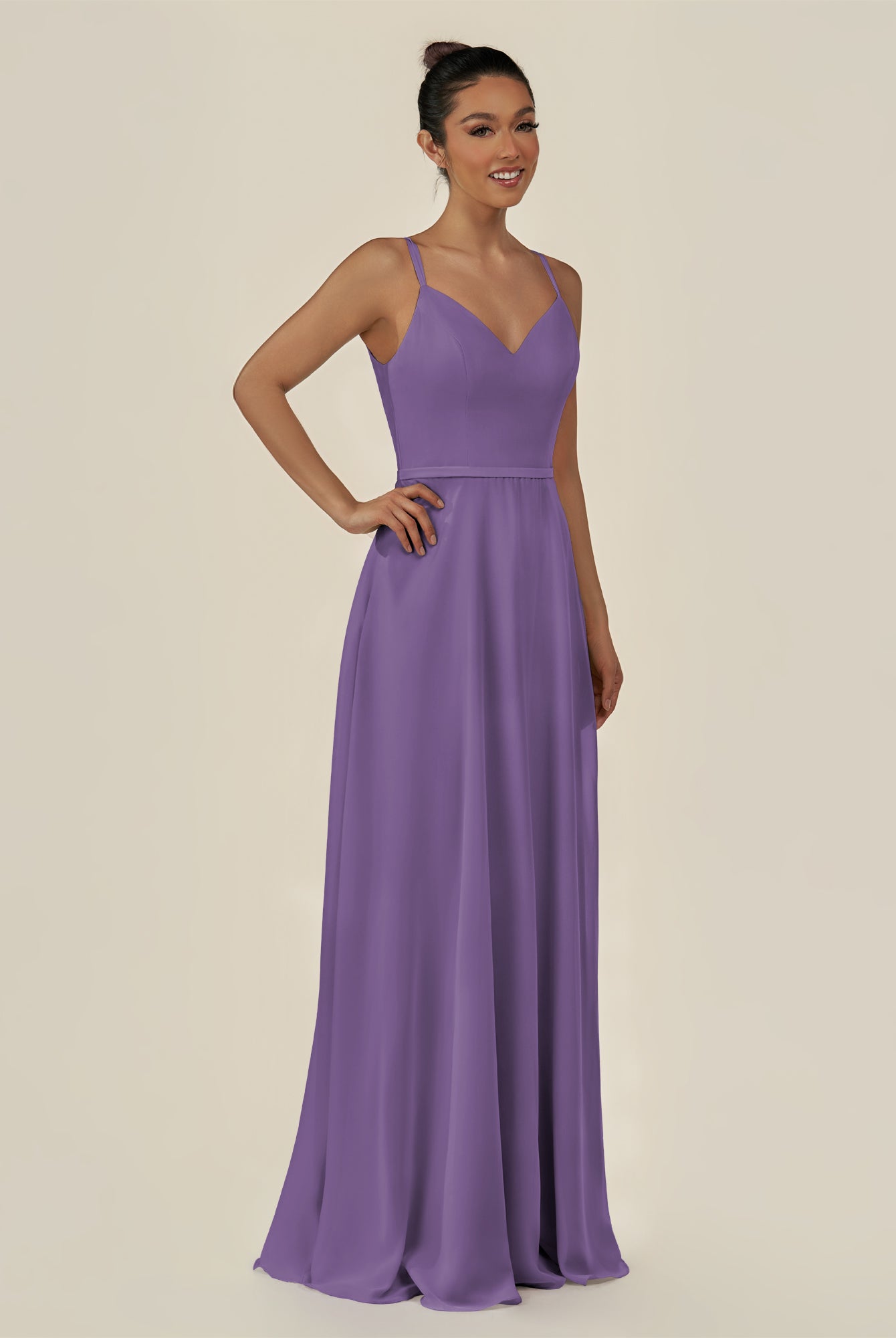 KissDress-Lurne Tahiti A Line Chiffon V Neck Long Bridesmaid Dress with Cinched Waistline