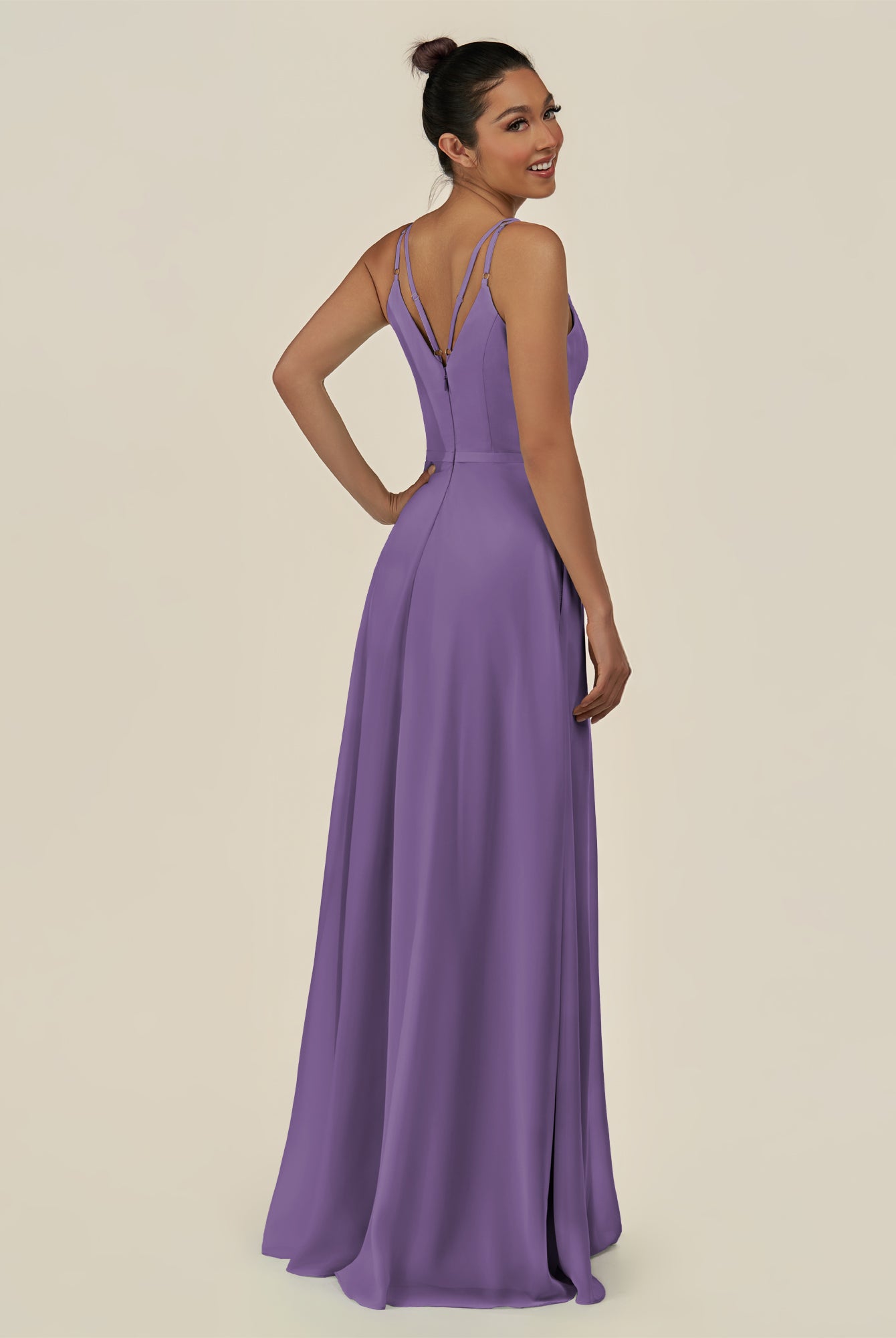 KissDress-Lurne Tahiti A Line Chiffon V Neck Long Bridesmaid Dress with Cinched Waistline