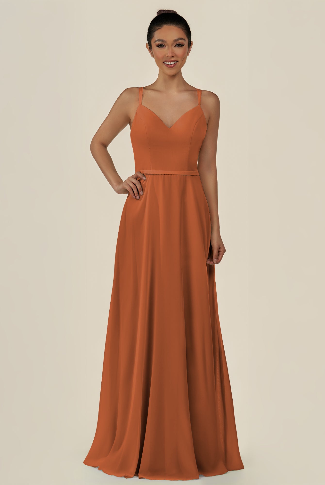 KissDress-Lurne Terracotta A Line Chiffon V Neck Long Bridesmaid Dress with Cinched Waistline
