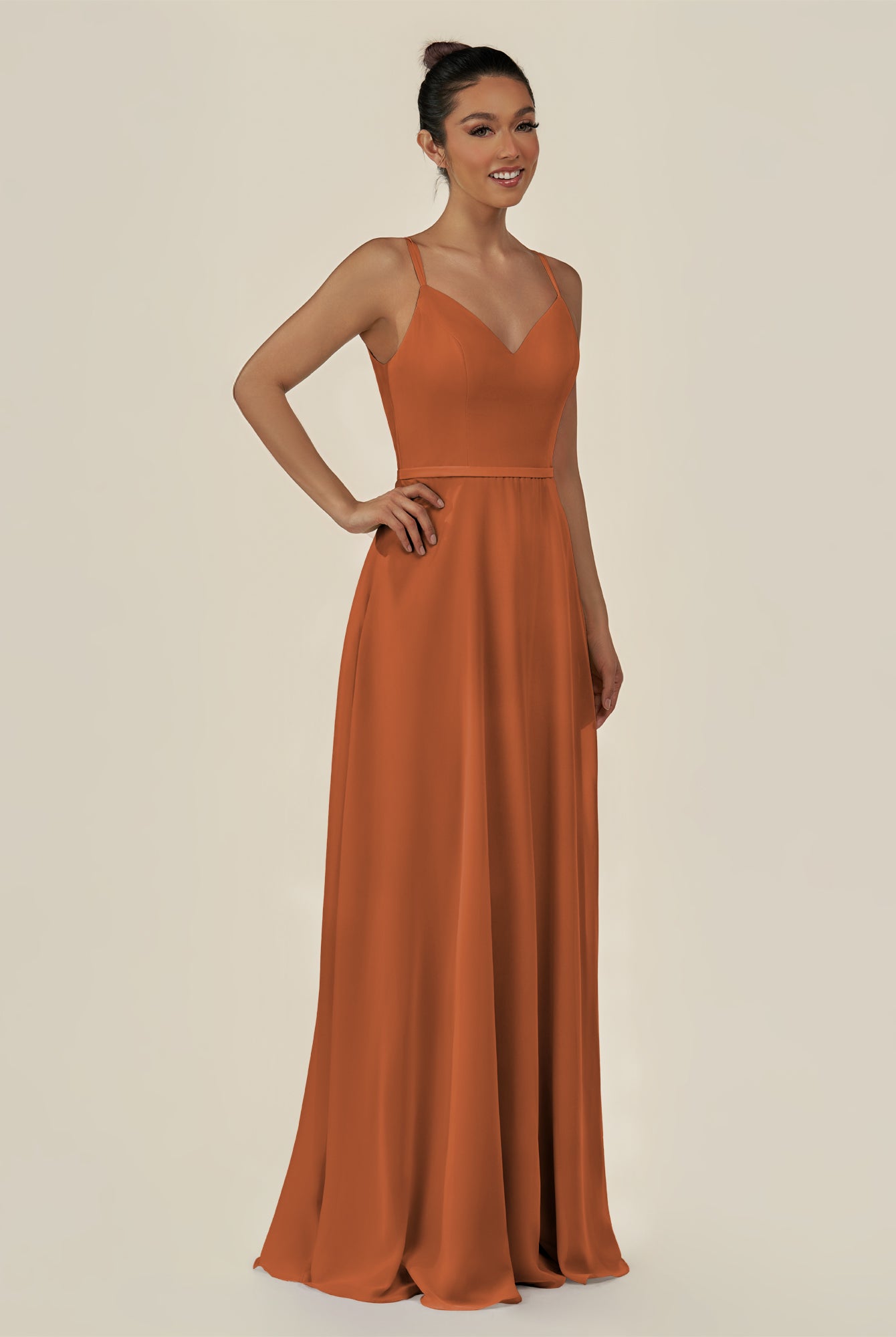KissDress-Lurne Terracotta A Line Chiffon V Neck Long Bridesmaid Dress with Cinched Waistline