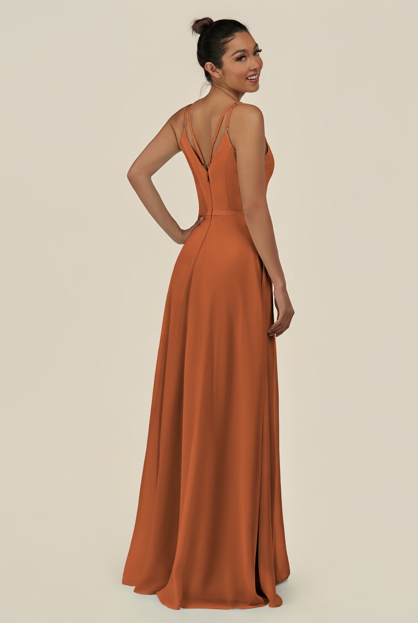 KissDress-Lurne Terracotta A Line Chiffon V Neck Long Bridesmaid Dress with Cinched Waistline