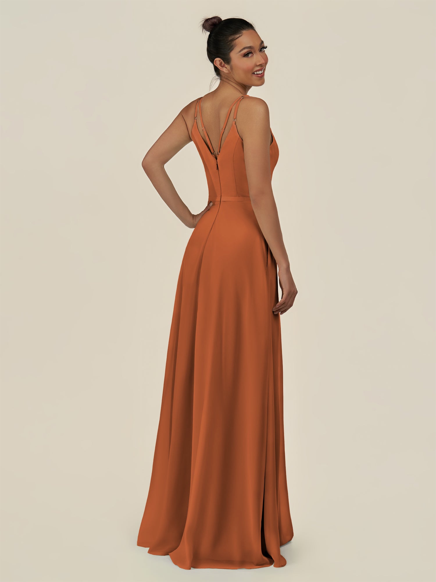 KissDress-Lurne Terracotta A Line Chiffon V Neck Long Bridesmaid Dress with Cinched Waistline