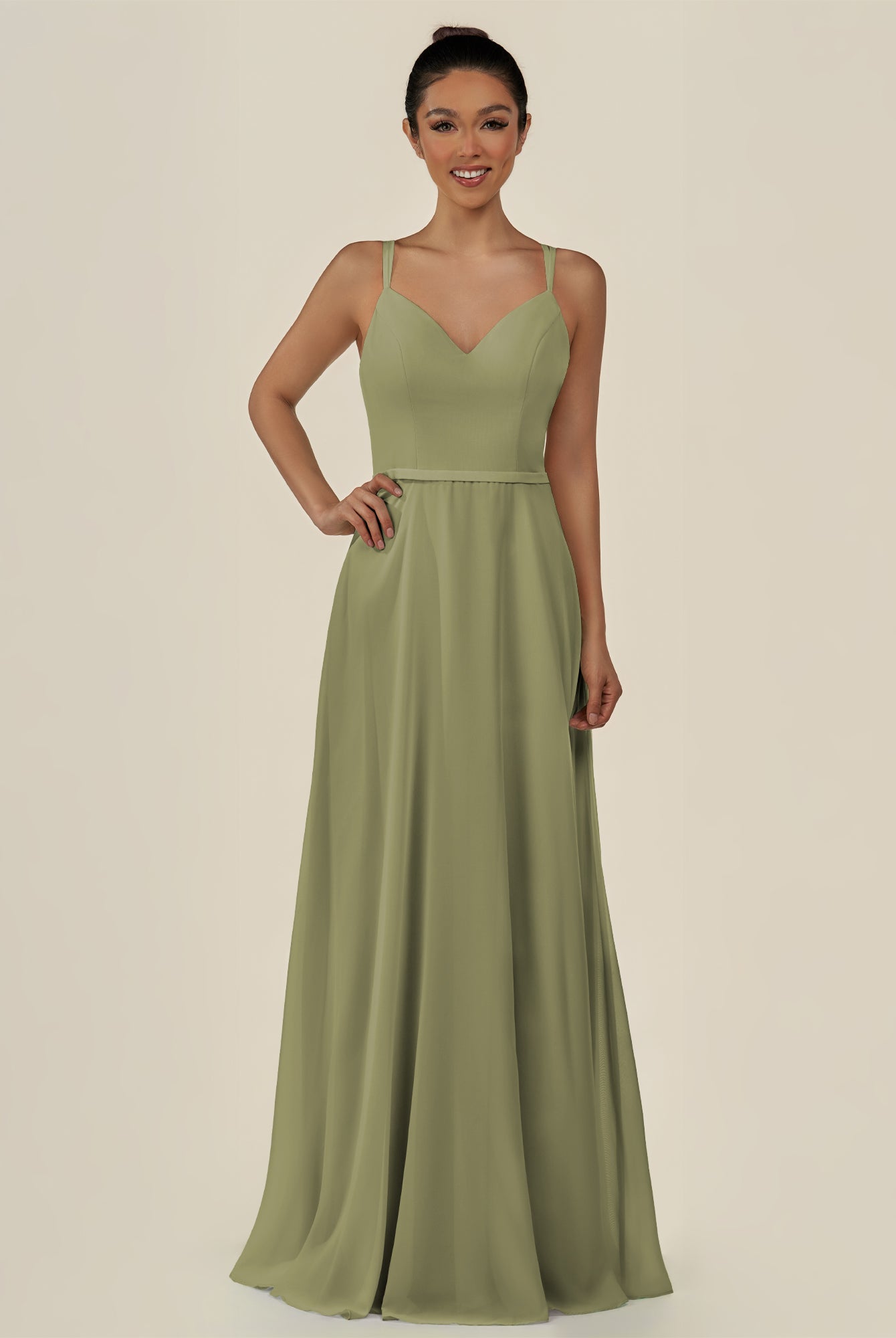 KissDress-Lurne Thyme A Line Chiffon V Neck Long Bridesmaid Dress with Cinched Waistline