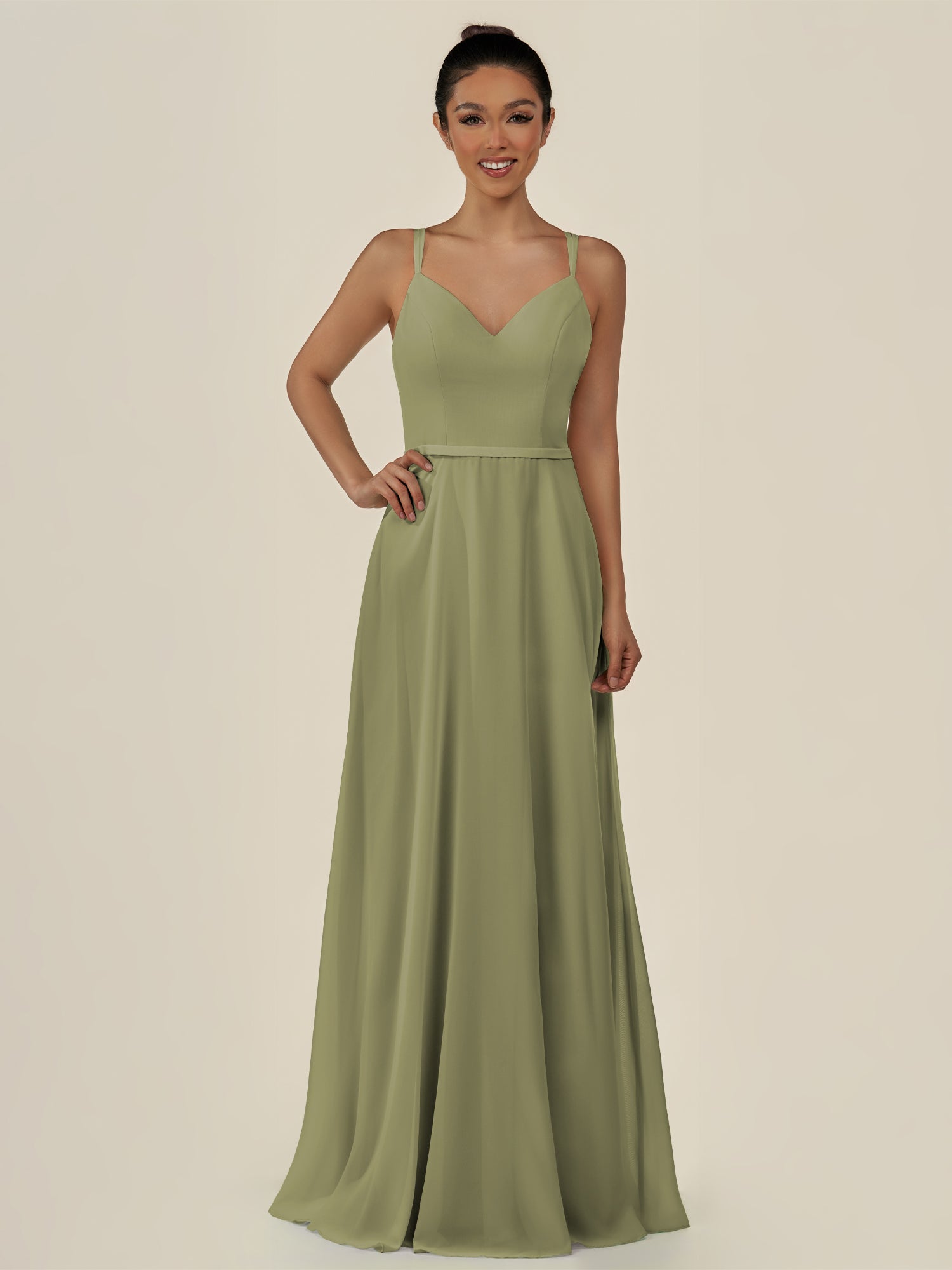 KissDress-Lurne Thyme A Line Chiffon V Neck Long Bridesmaid Dress with Cinched Waistline