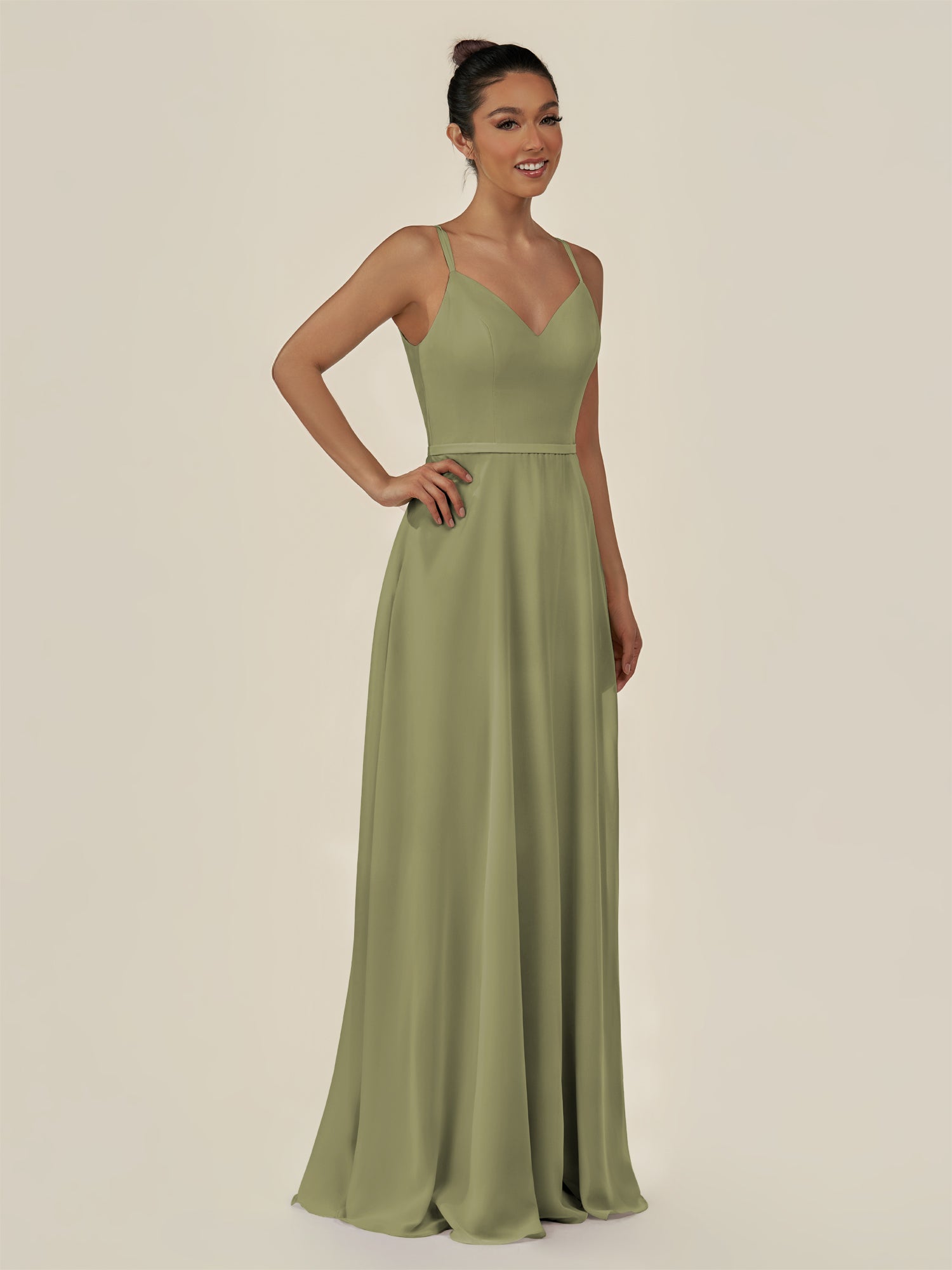 KissDress-Lurne Thyme A Line Chiffon V Neck Long Bridesmaid Dress with Cinched Waistline